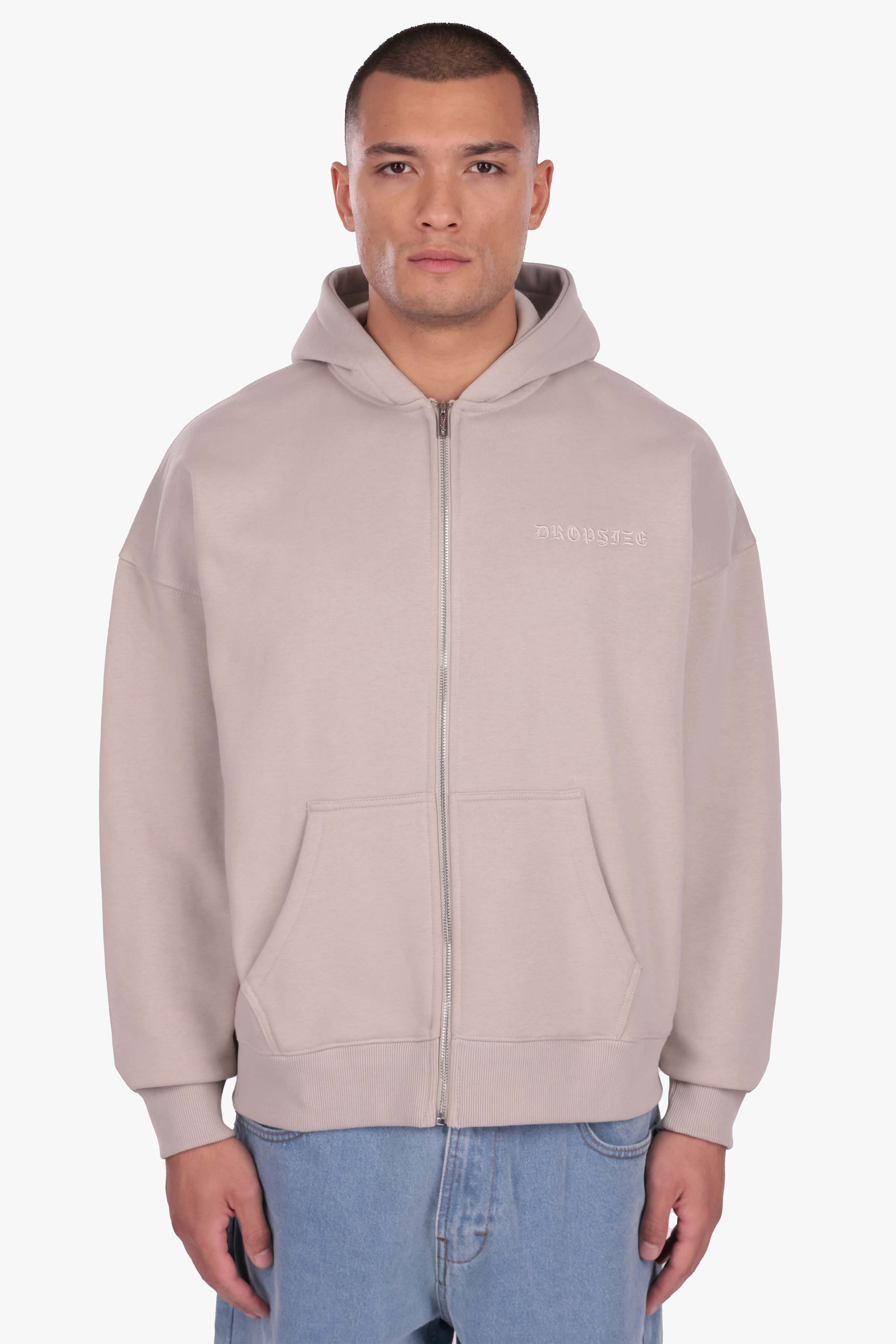 HEAVY OVERSIZE LOGO ZIP HOODIE BEIGE