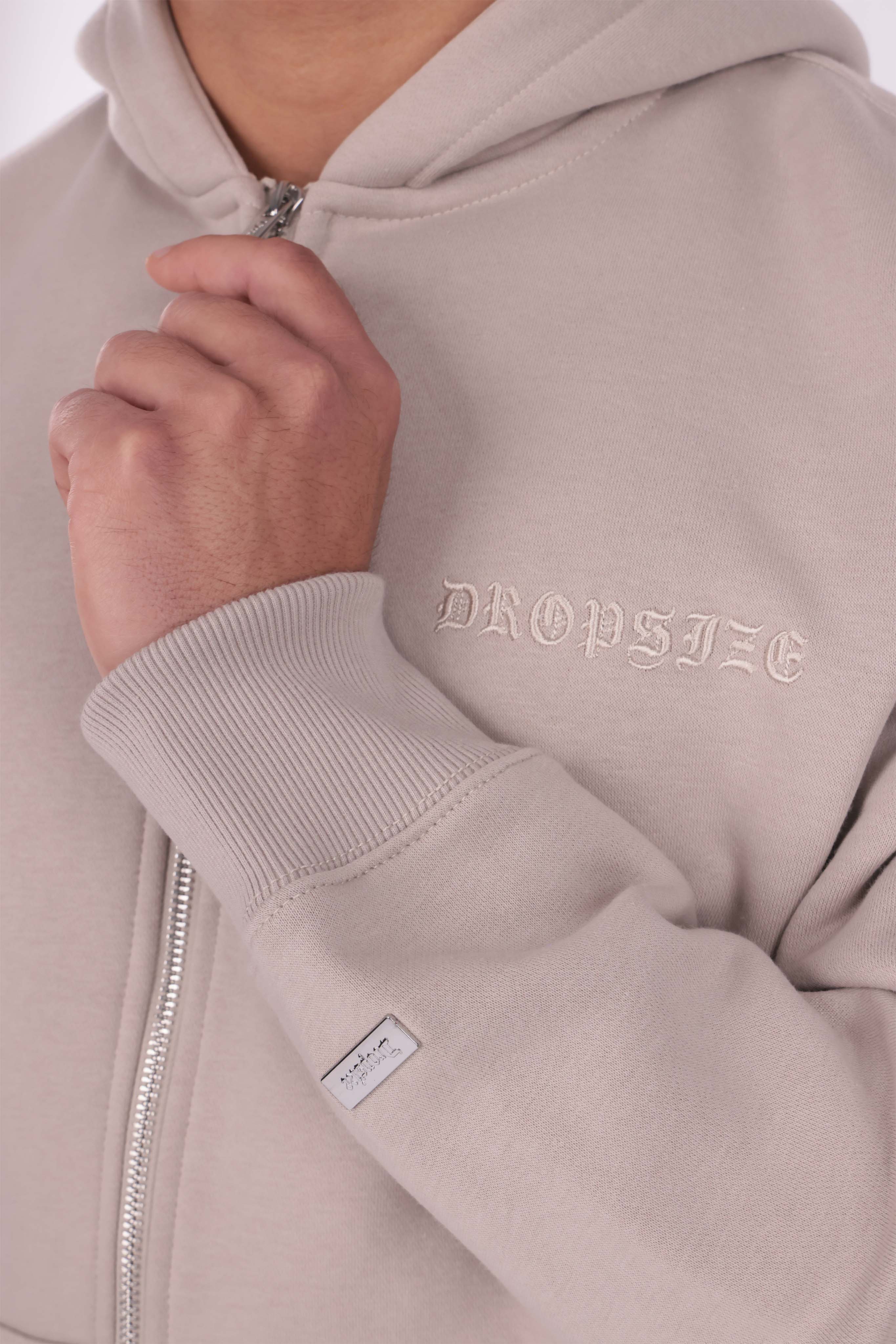 HEAVY OVERSIZE LOGO ZIP HOODIE BEIGE