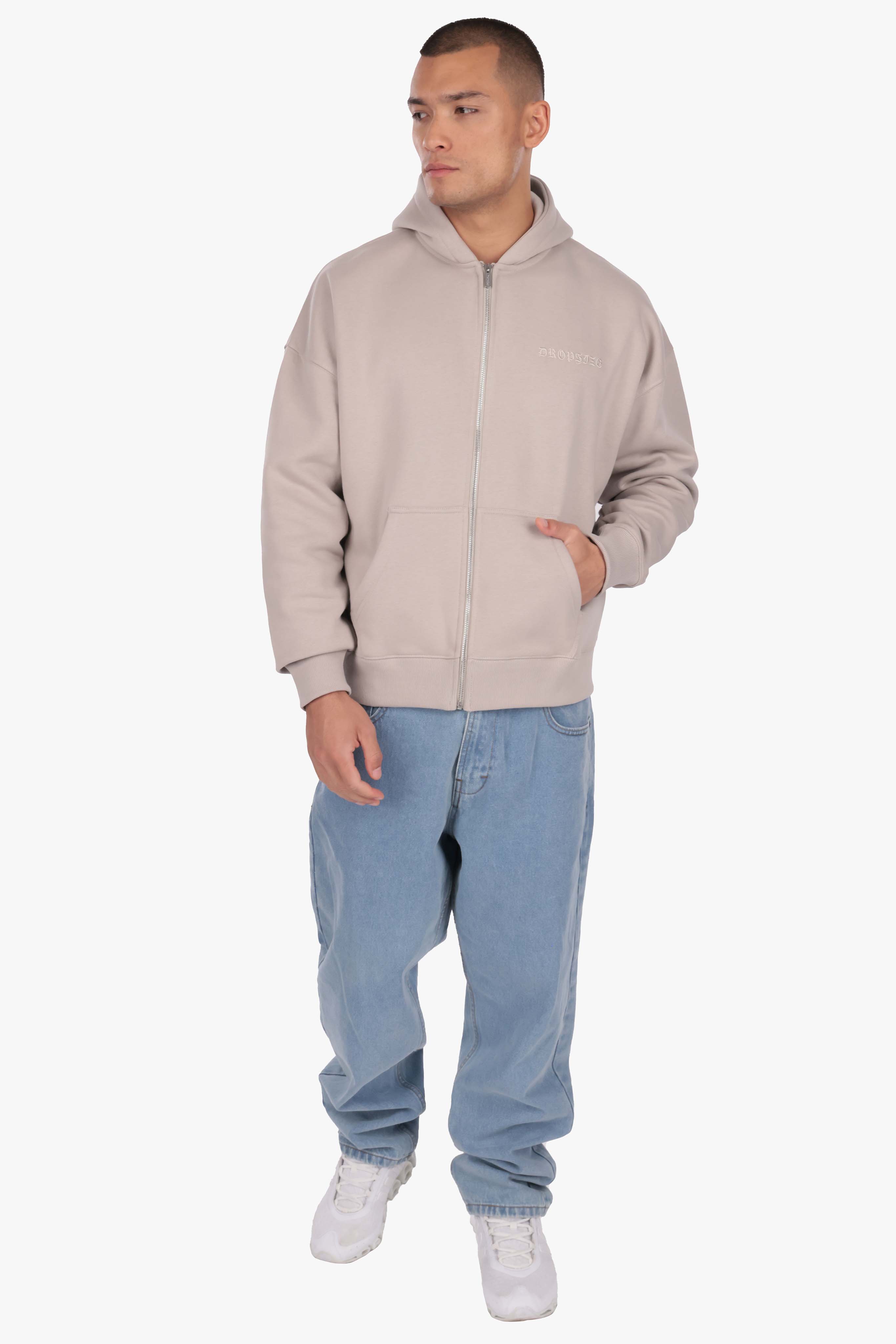 HEAVY OVERSIZE LOGO ZIP HOODIE BEIGE