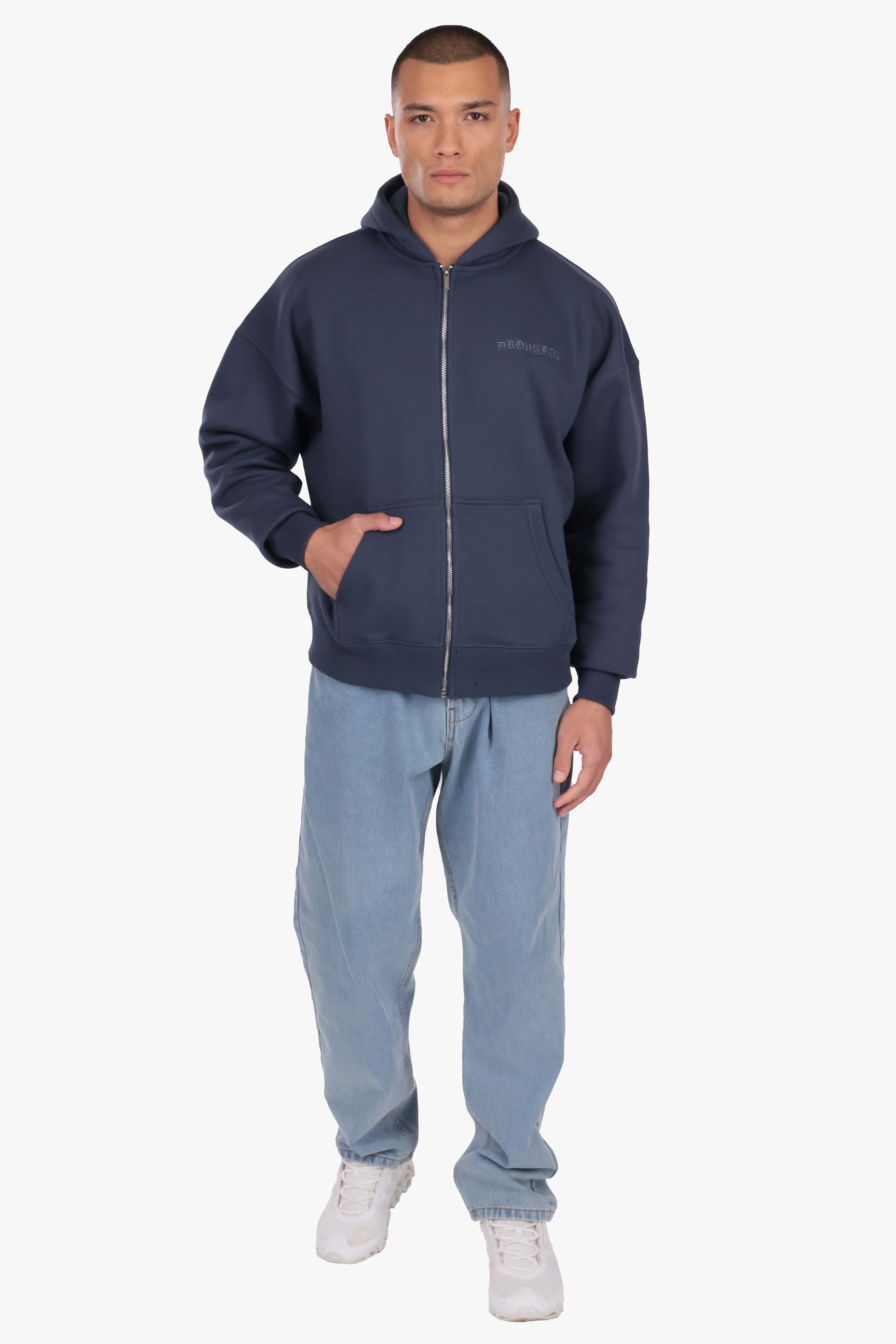 HEAVY OVERSIZE LOGO ZIP HOODIE DARK BLUE