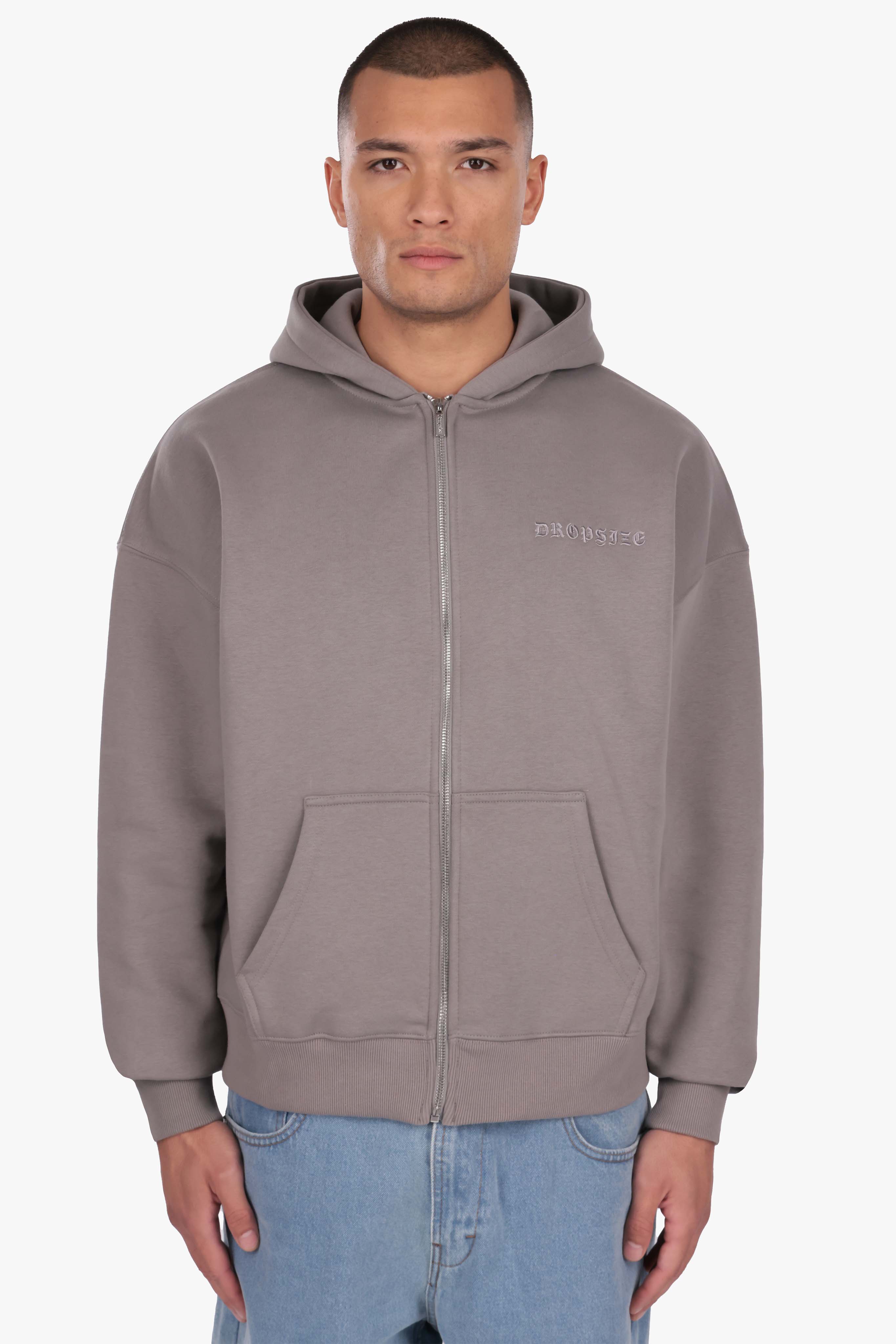 HEAVY OVERSIZE LOGO ZIP HOODIE DARK GREY