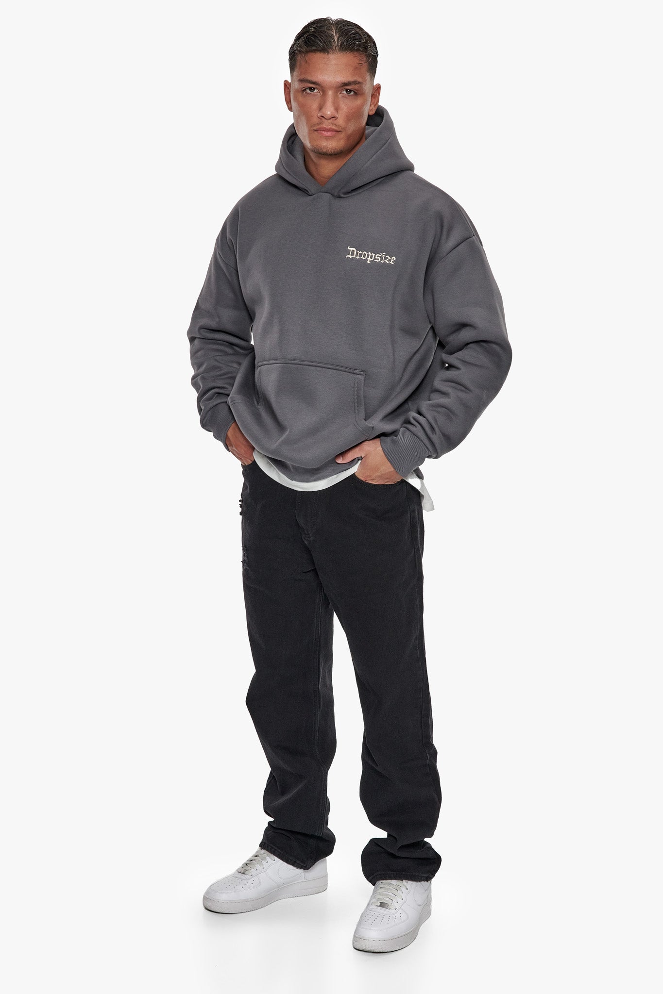 HEAVY OVERSIZE EMBO HOODIE GRAY / CREAM