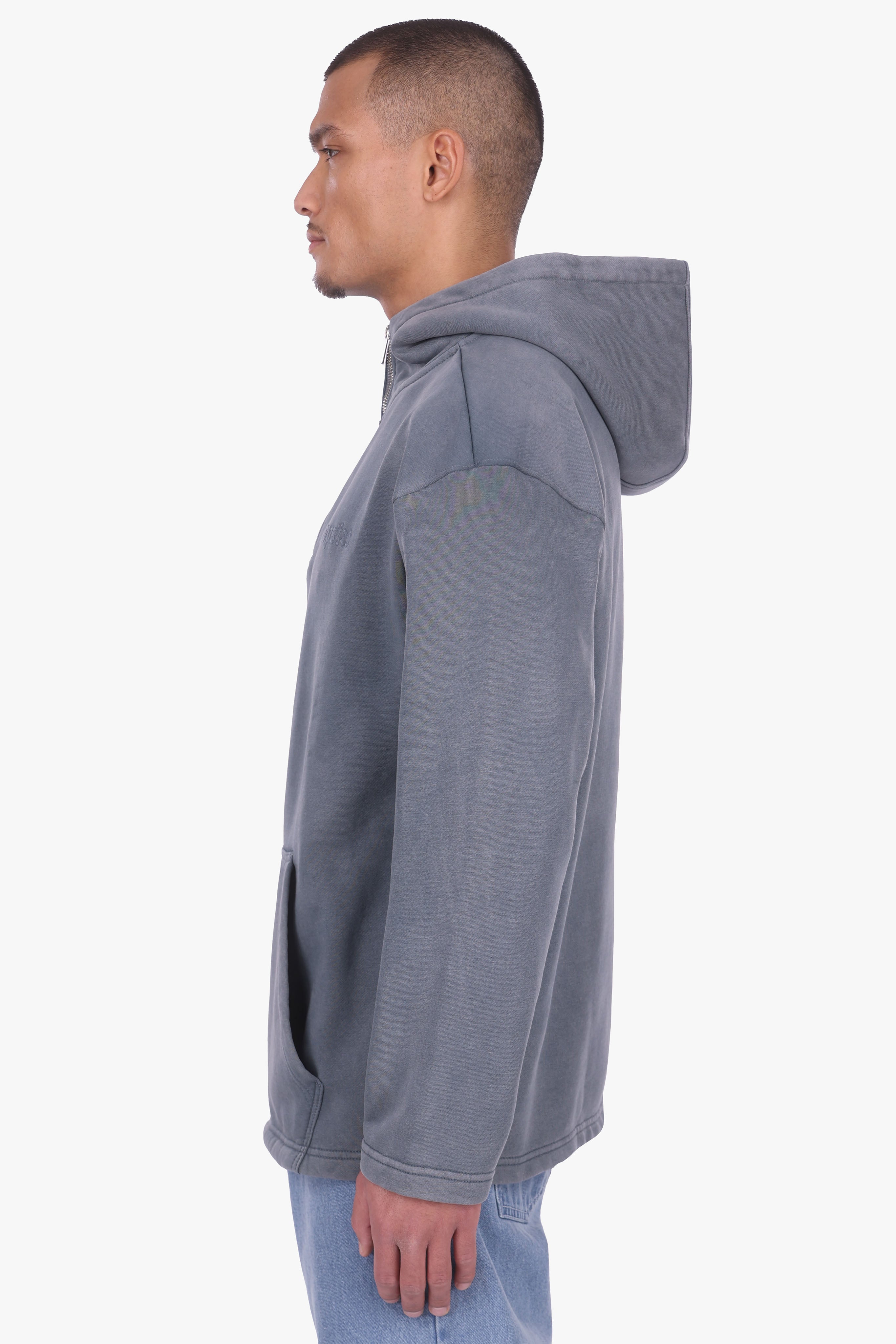 RELAXED FIT HALF ZIP HOODIE WASHED GREY