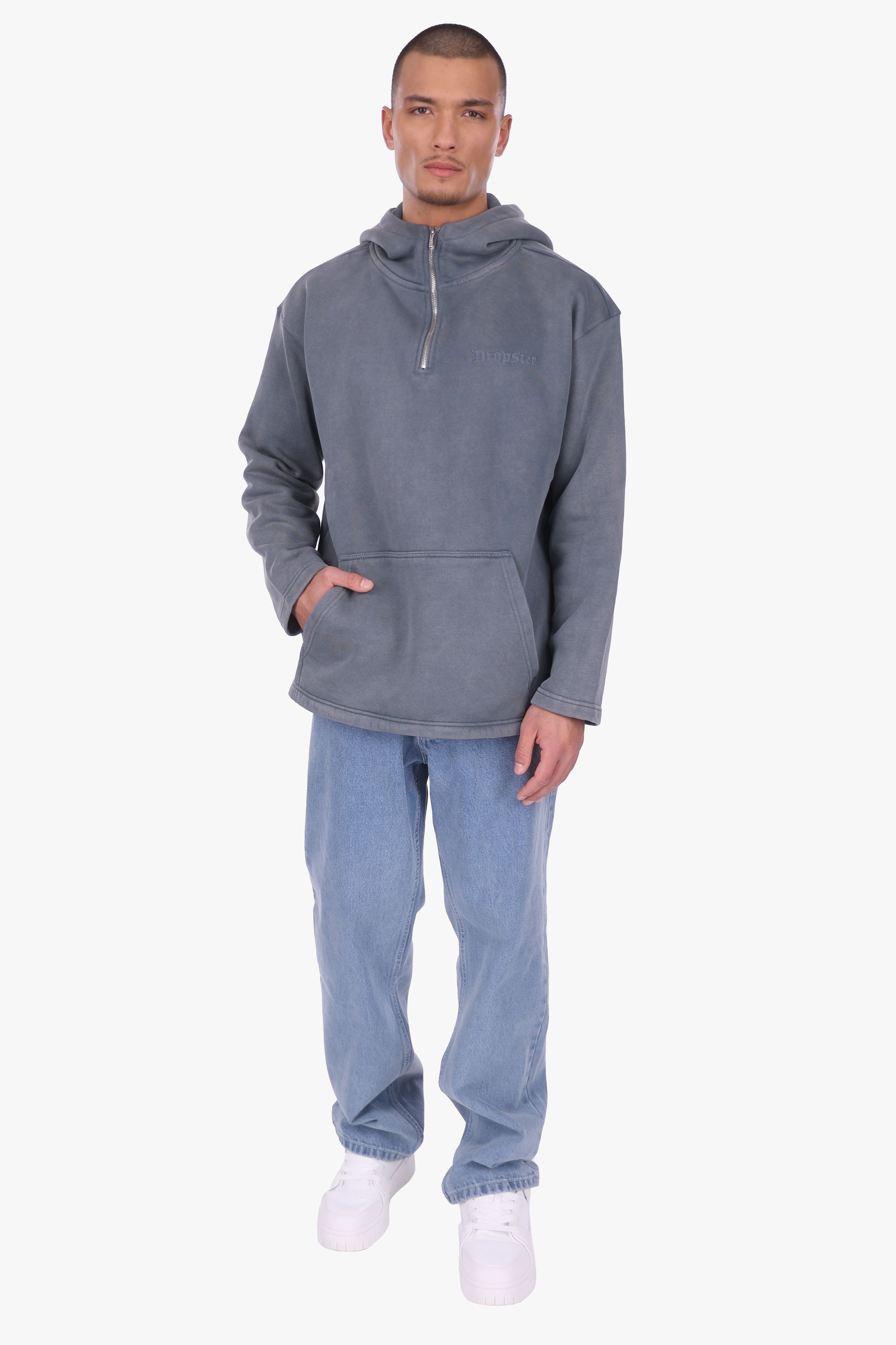 RELAXED FIT HALF ZIP HOODIE WASHED GREY