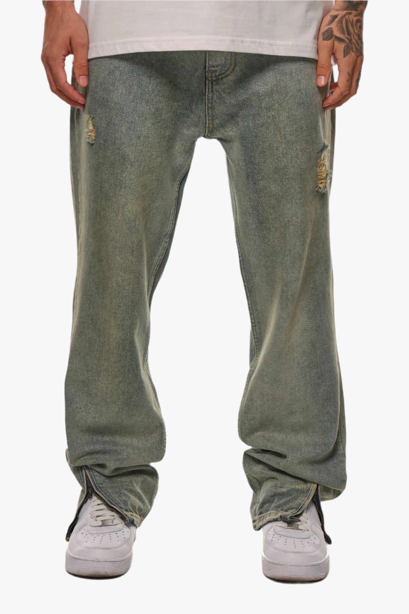 RIPPED ZIP JEANS