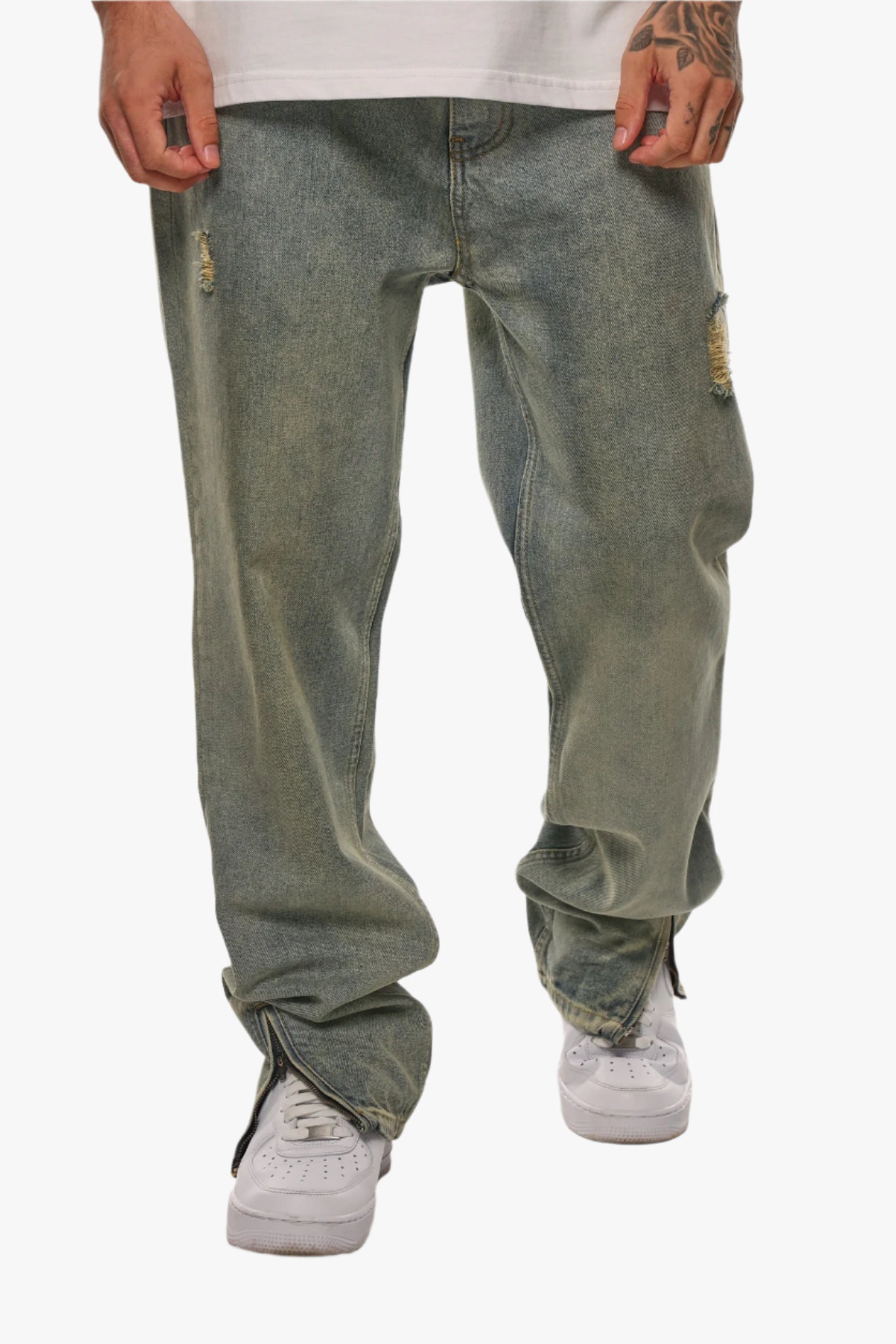RIPPED ZIP JEANS