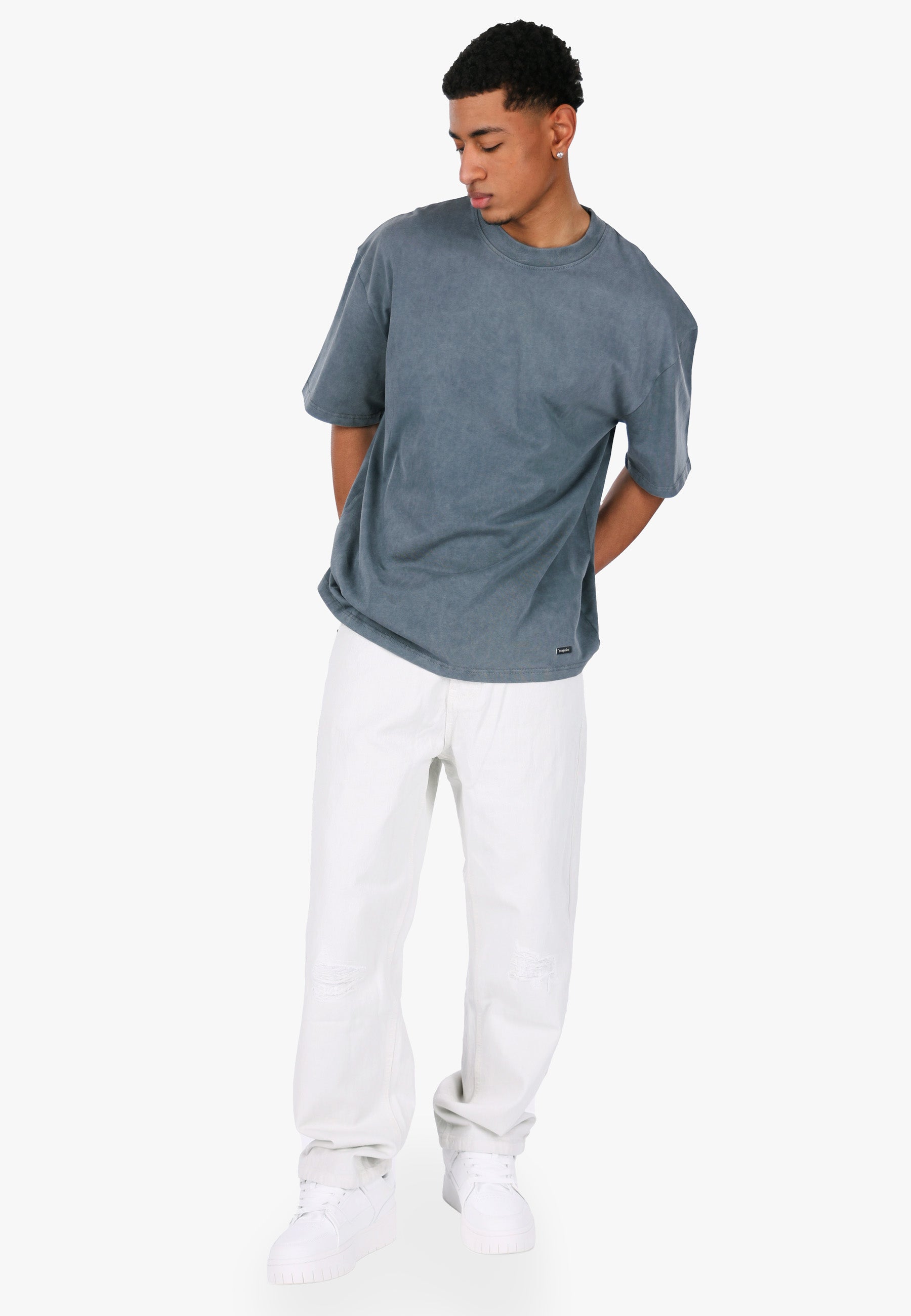 HEAVY OVERSIZE METAL PATCH T-SHIRT ACID WASHED GREY