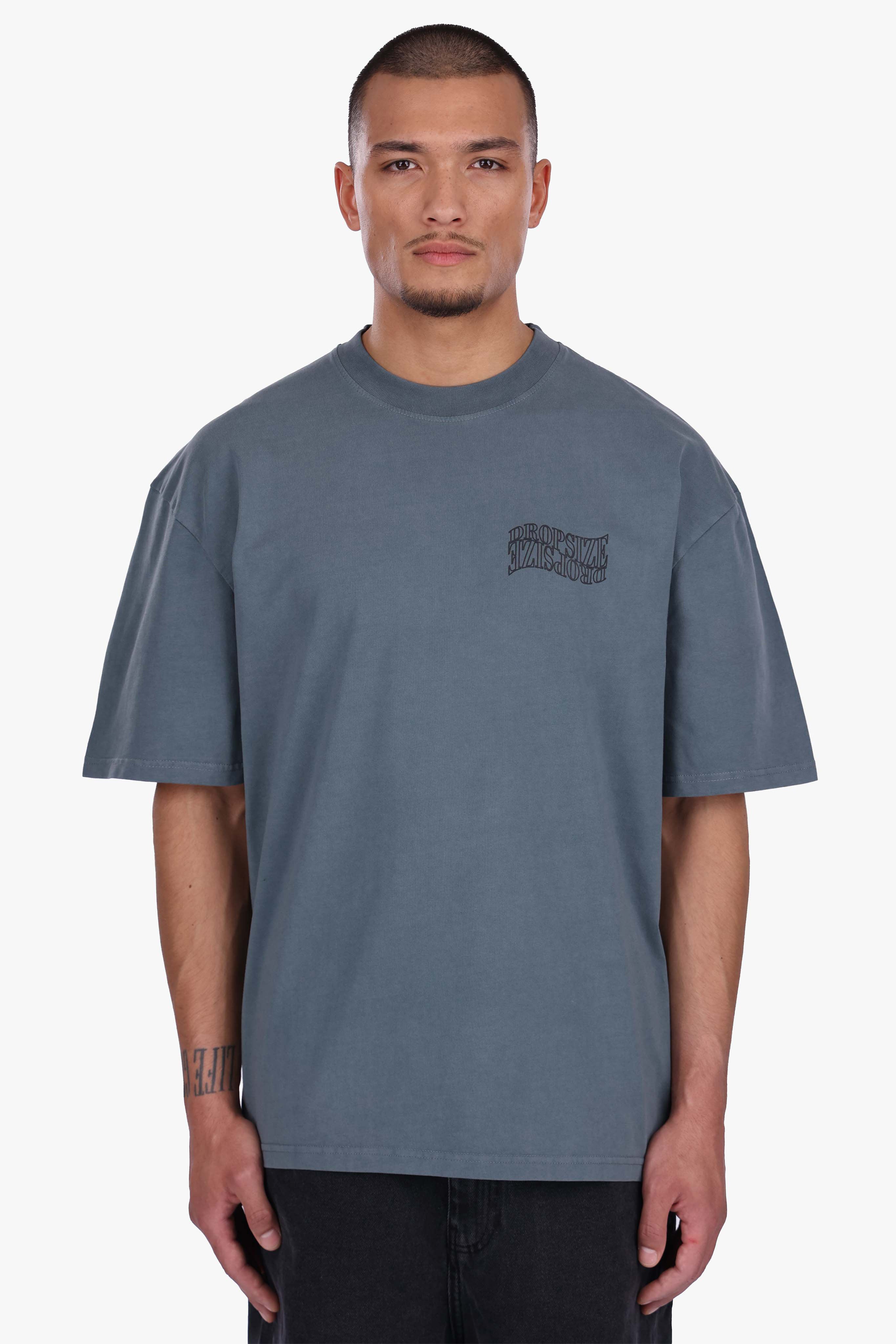 HEAVY OVERSIZE MIRRORED LOGO T-SHIRT ACID WASHED GREY