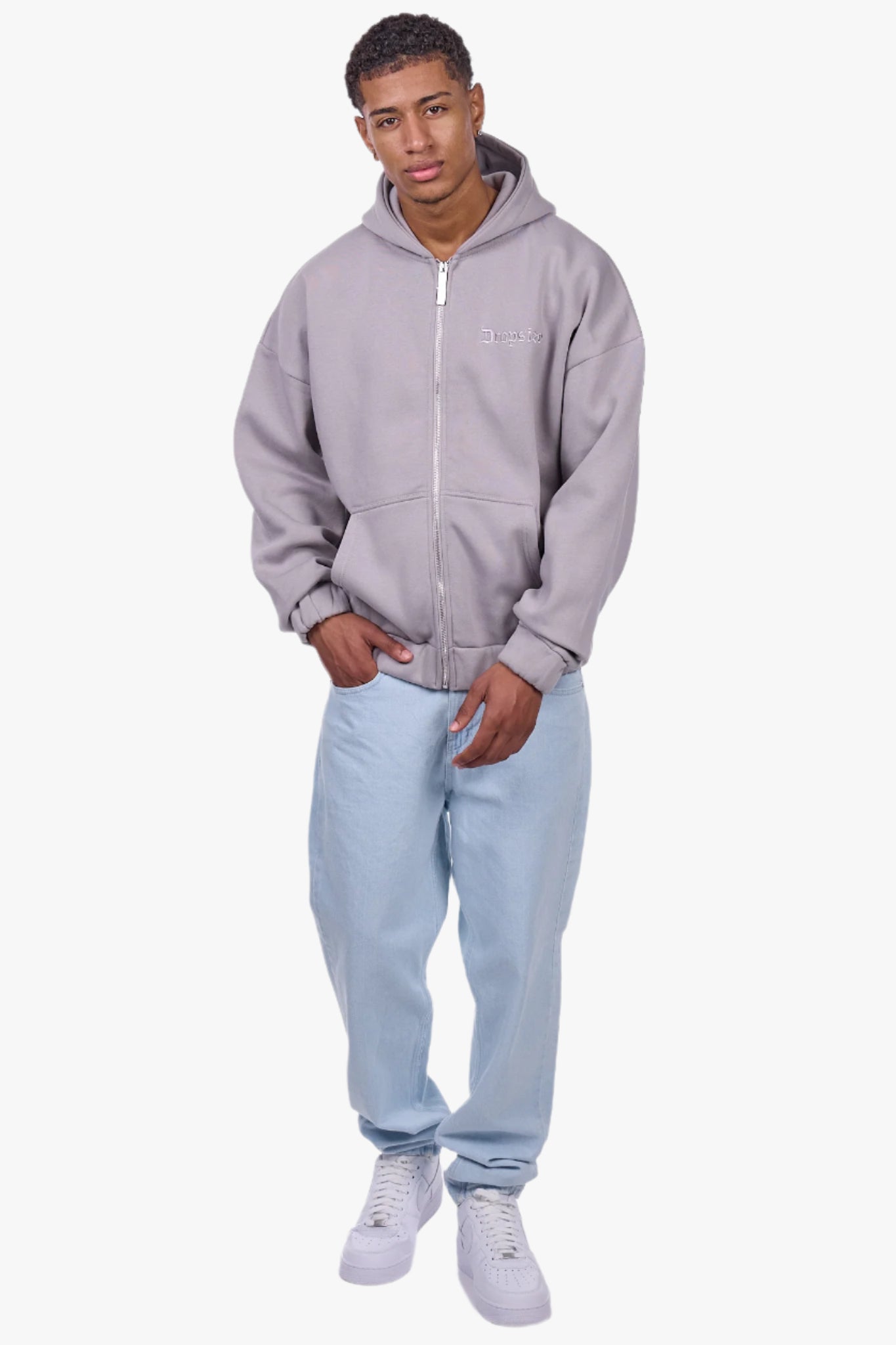 HEAVY OVERSIZE EMBO ZIP HOODIE GREY