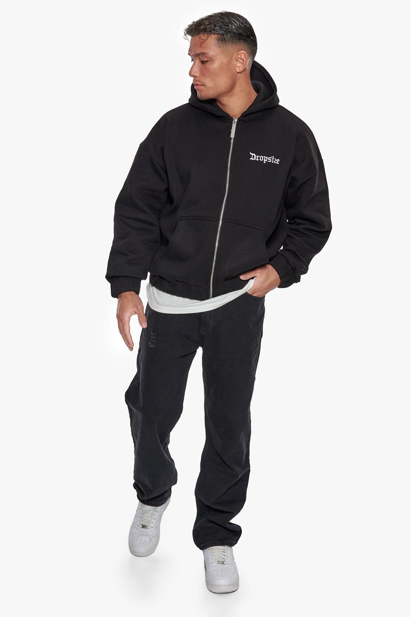 SUPER HEAVY OVERSIZE BLANK ZIP HOODIE BLACK