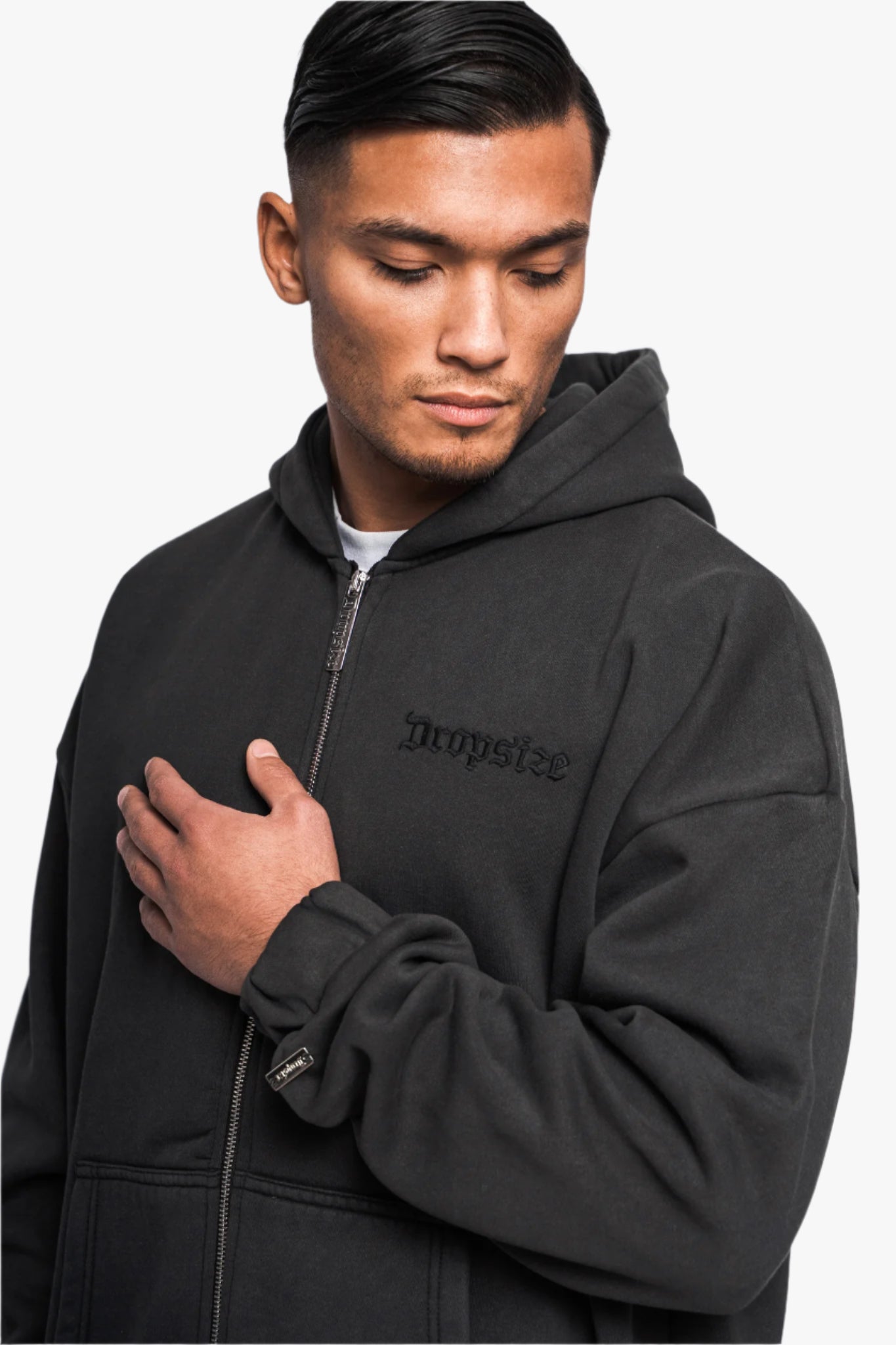 SUPER HEAVY OVERSIZE LOGO ZIP HOODIE ACID WASHED BLACK