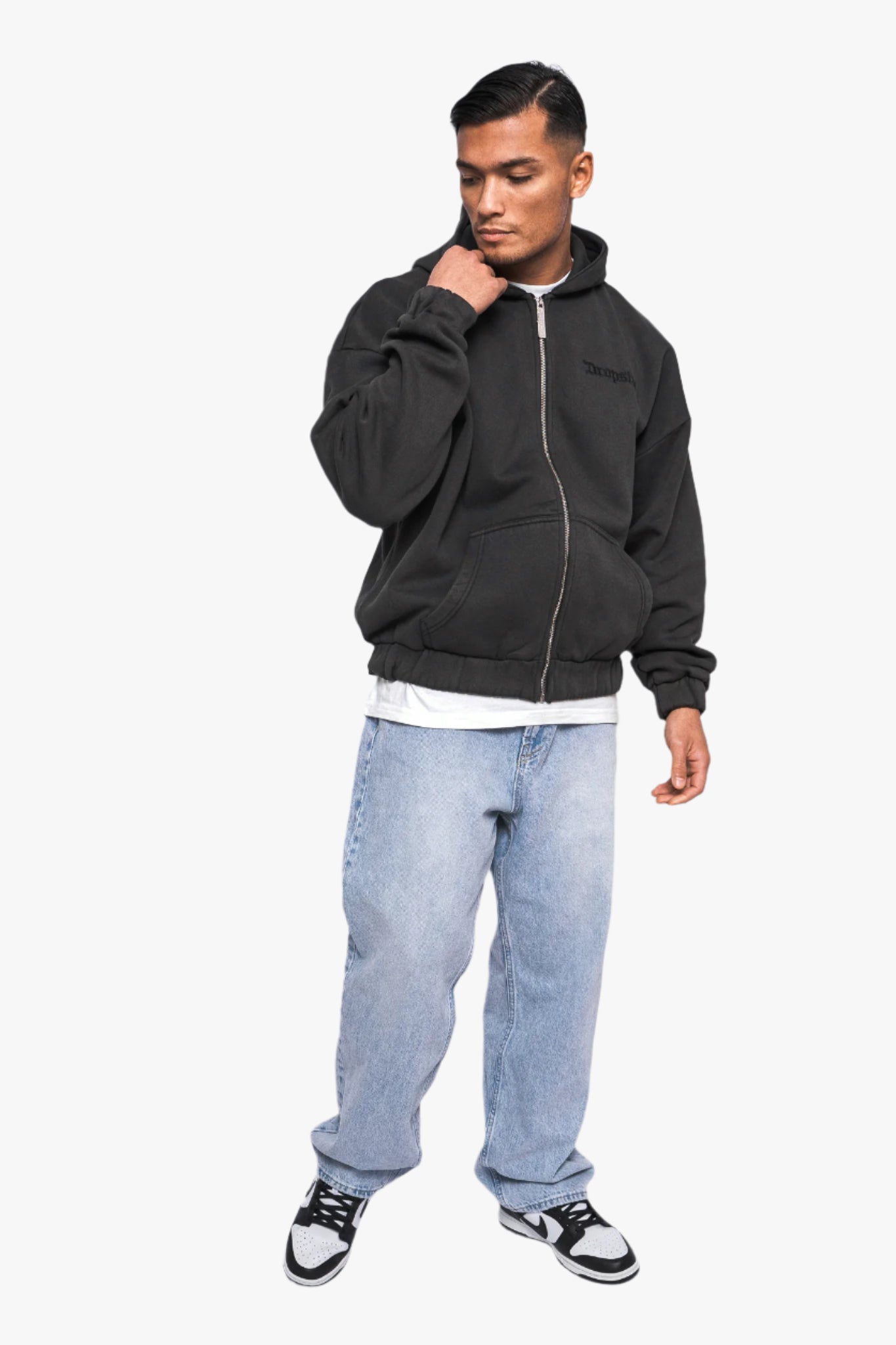 SUPER HEAVY OVERSIZE LOGO ZIP HOODIE ACID WASHED BLACK