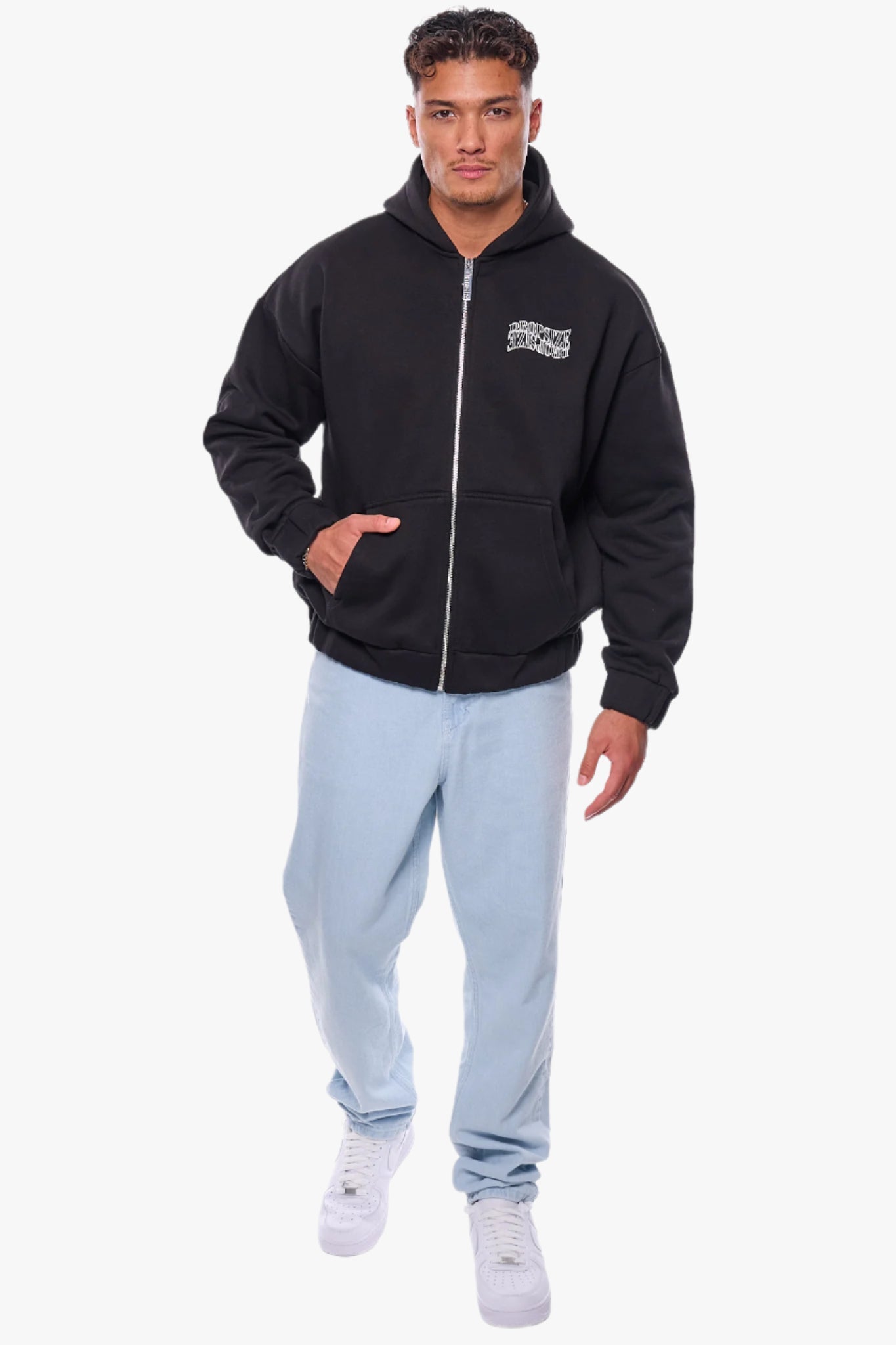 HEAVY OVERSIZE MIRRORED LOGO ZIP-HOODIE BLACK