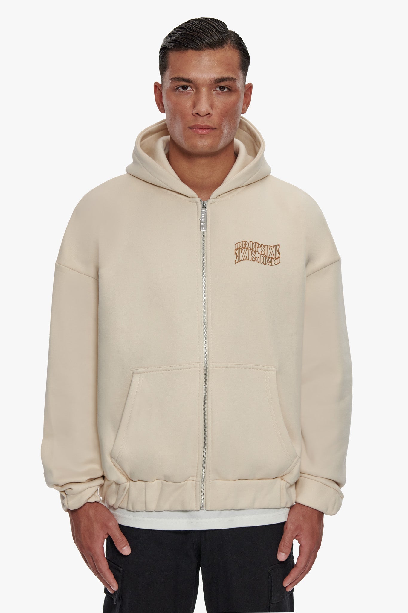 HEAVY OVERSIZE MIRRORED LOGO ZIP-HOODIE COCONUT MILK