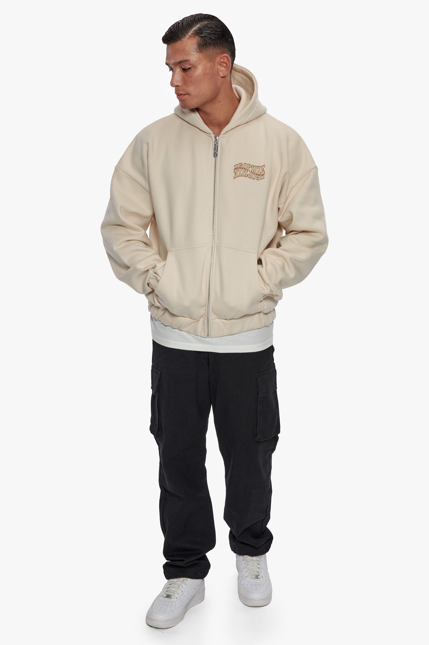 HEAVY OVERSIZE MIRRORED LOGO ZIP-HOODIE COCONUT MILK