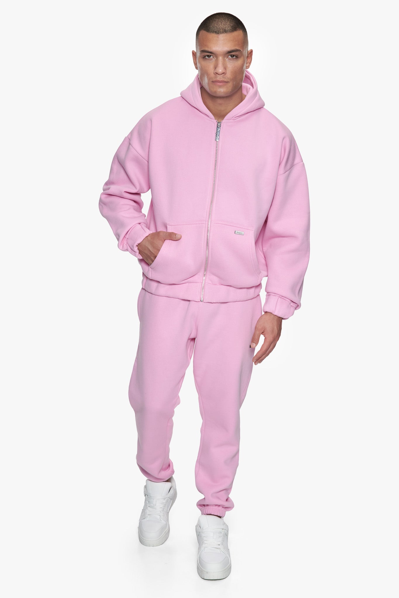 OVERSIZE METAL PATCH ZIP HOODIE PINK
