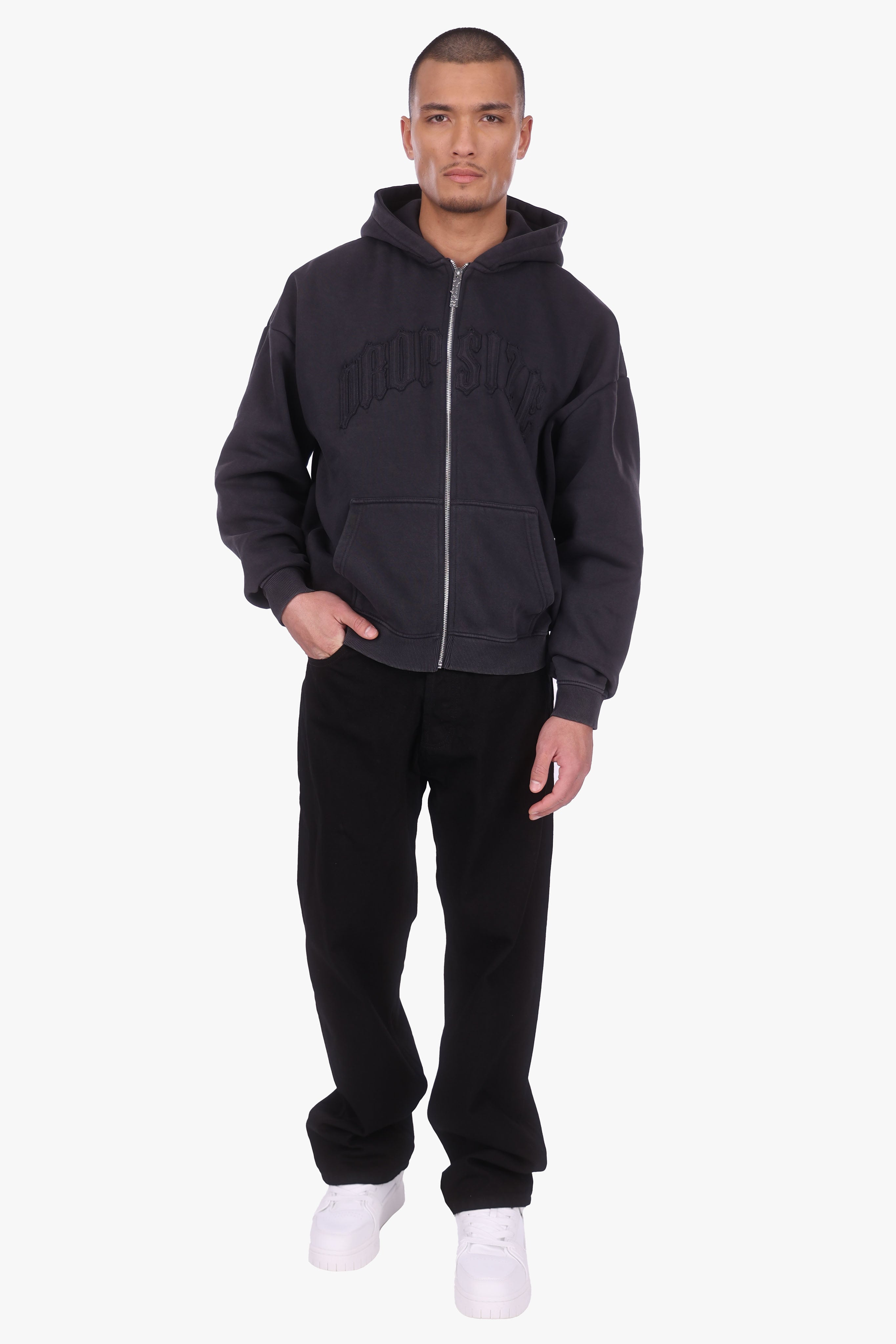 HEAVY OVERISZE RAW EDGES ZIP HOODIE ACID WASHED BLACK