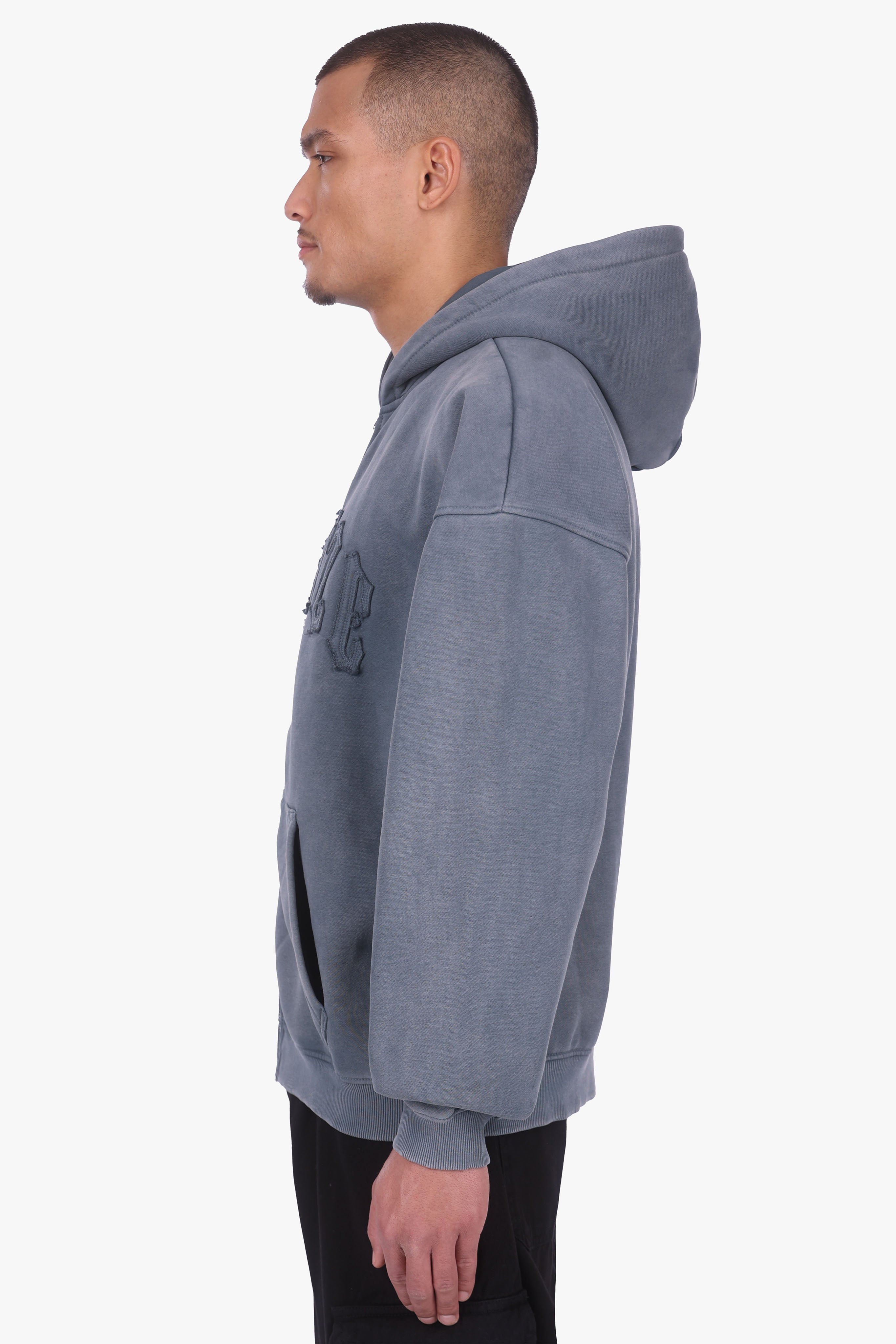 HEAVY OVERISZE RAW EDGES ZIP HOODIE WASHED GREY