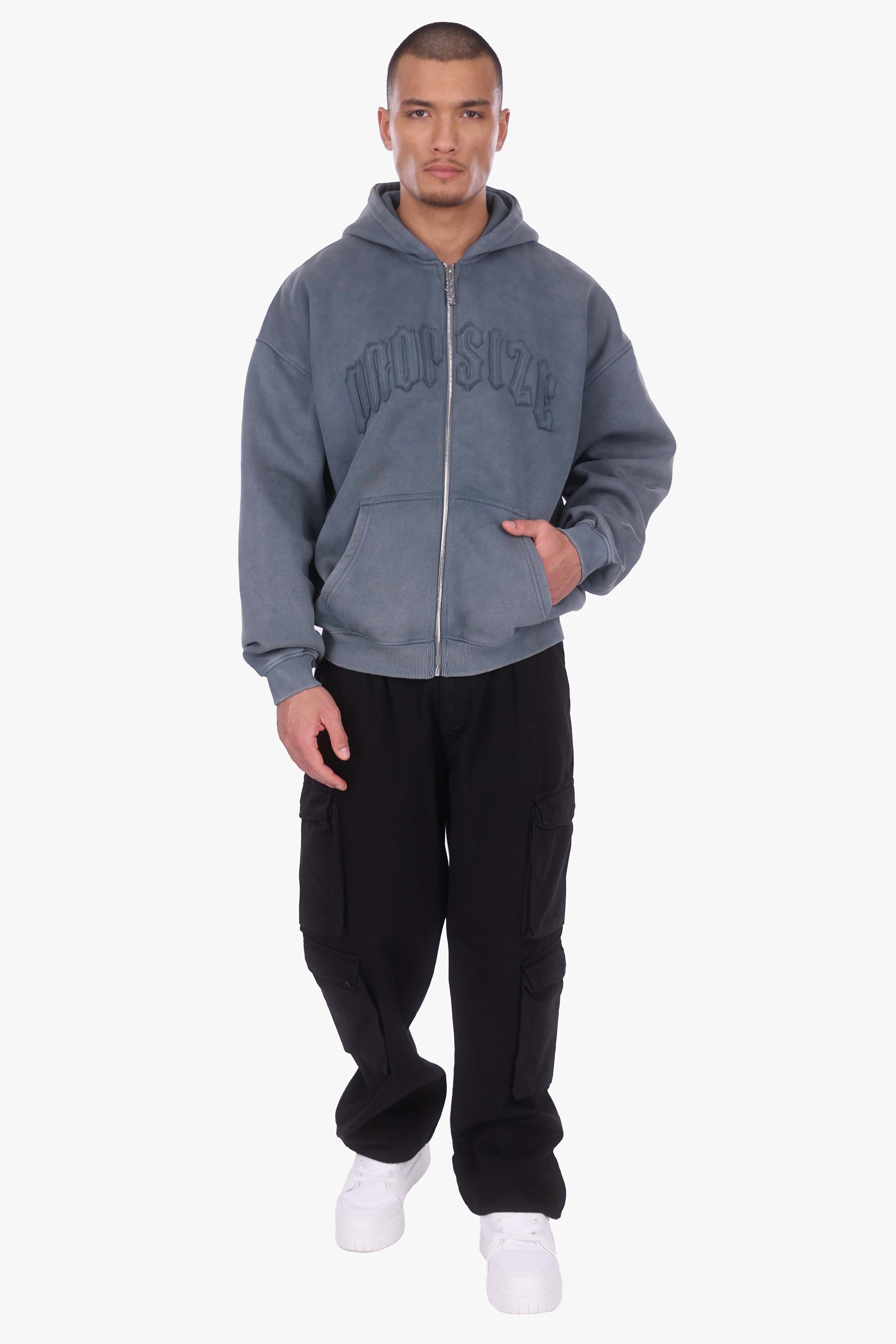 HEAVY OVERISZE RAW EDGES ZIP HOODIE WASHED GREY