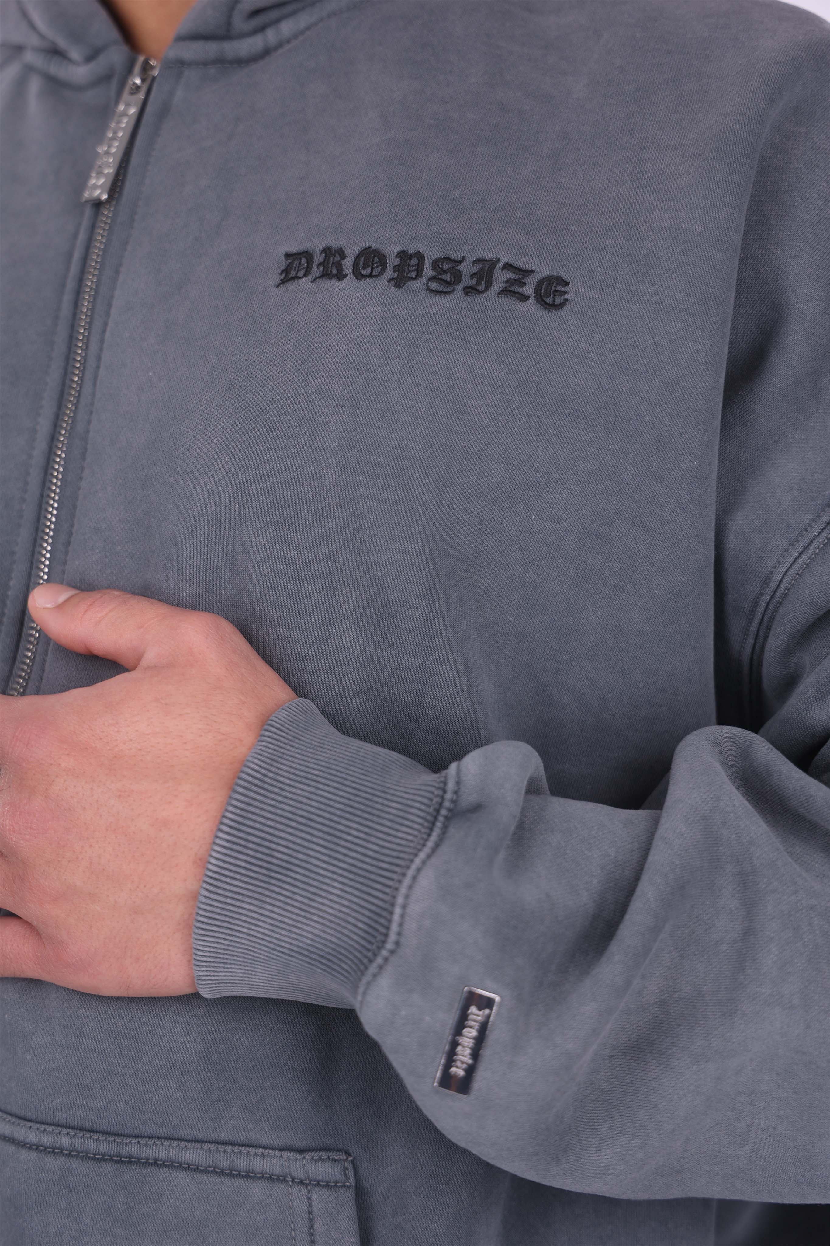 HEAVY OVERSIZE LOGO ZIP HOODIE ACID WASHED GREY