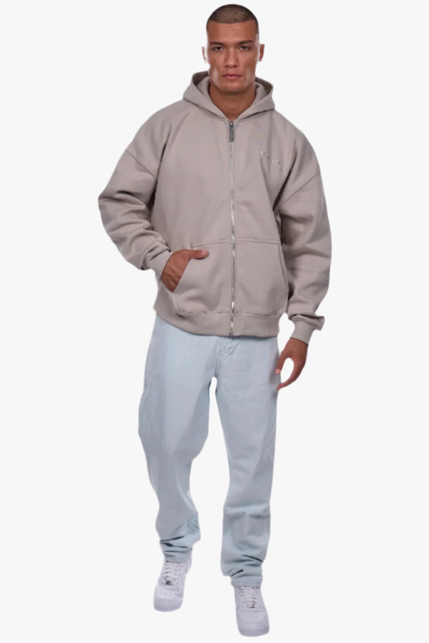 HEAVY OVERSIZE LOGO ZIP HOODIE PUMICE STONE