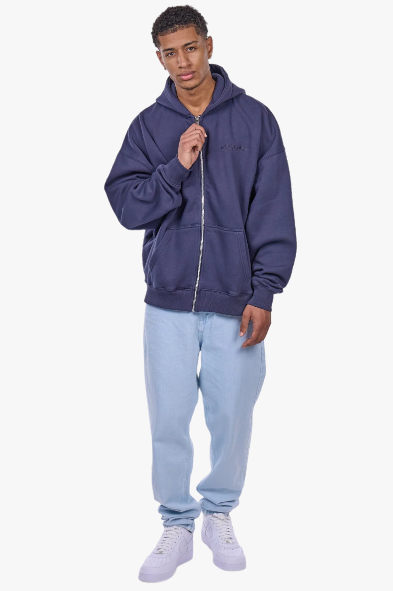 HEAVY OVERSIZE LOGO ZIP HOODIE WASHED NAVY