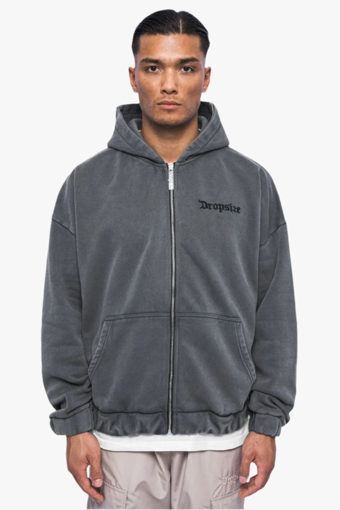 SUPER HEAVY OVERSIZE BLANK ZIP HOODIE WASHED GREY
