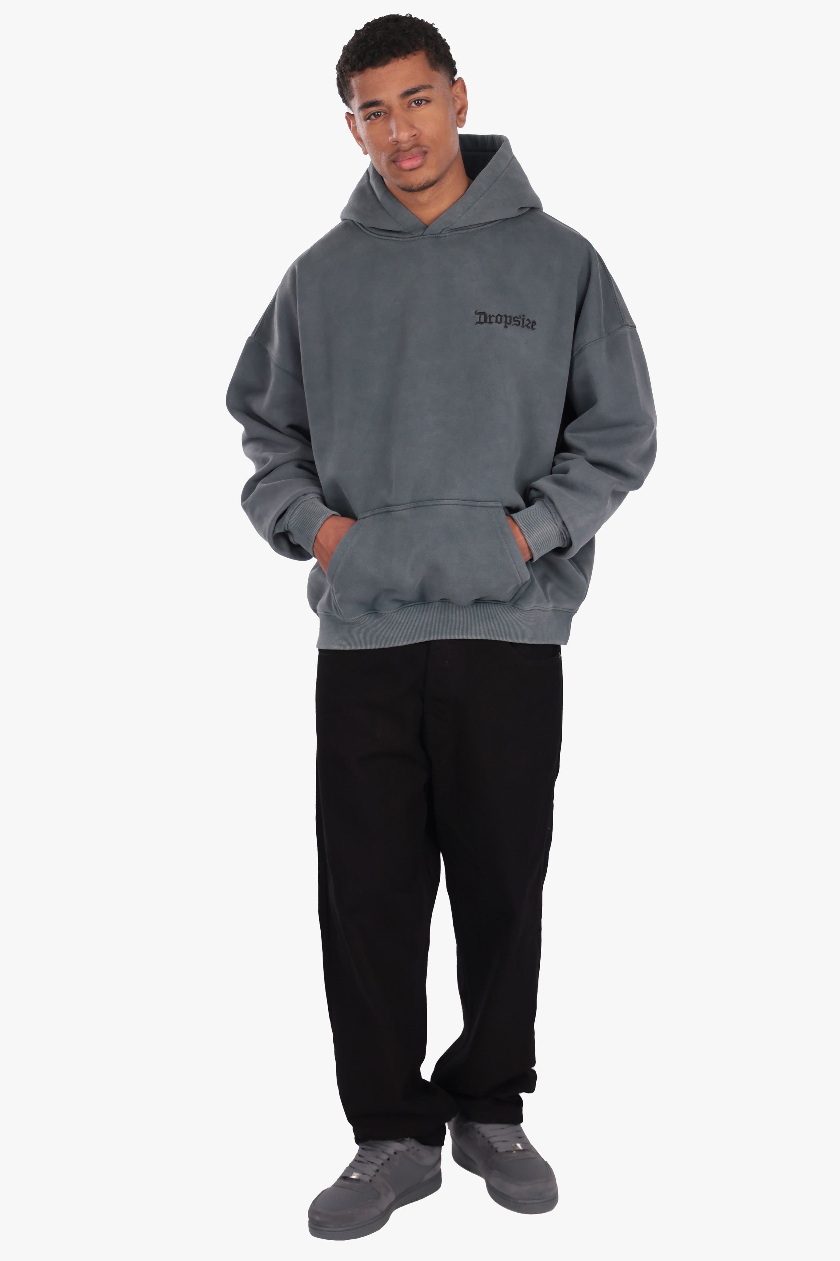HEAVY OVERSIZED WASHED GRAY EMBO HOODIE