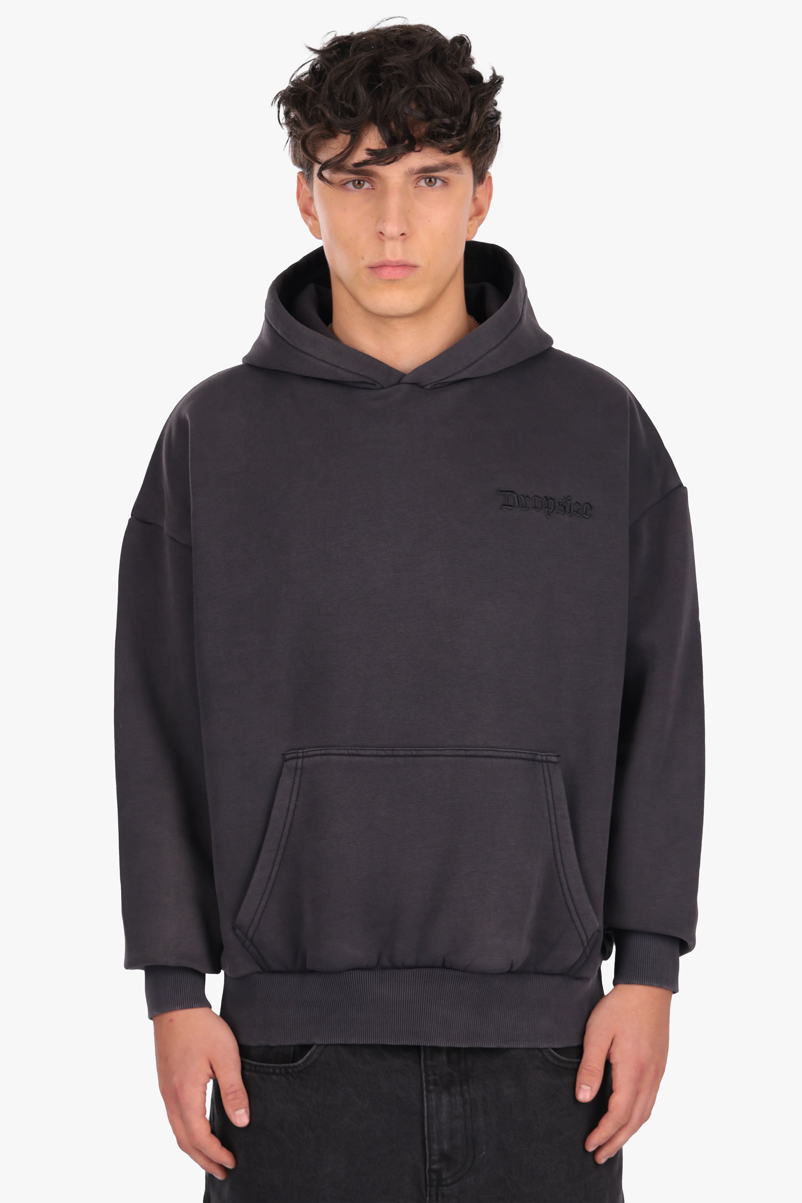 HEAVY OVERSIZE EMBO HOODIE ACID WASHED BLACK
