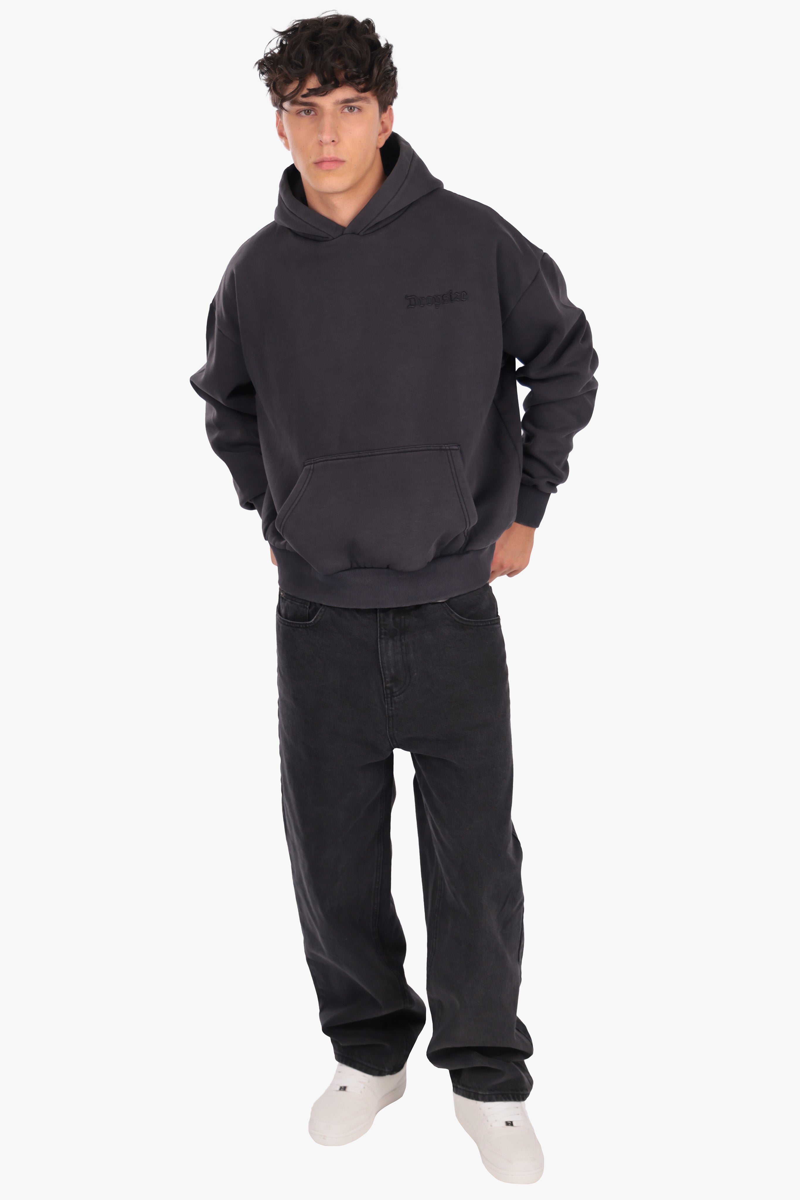 HEAVY OVERSIZE EMBO HOODIE ACID WASHED BLACK