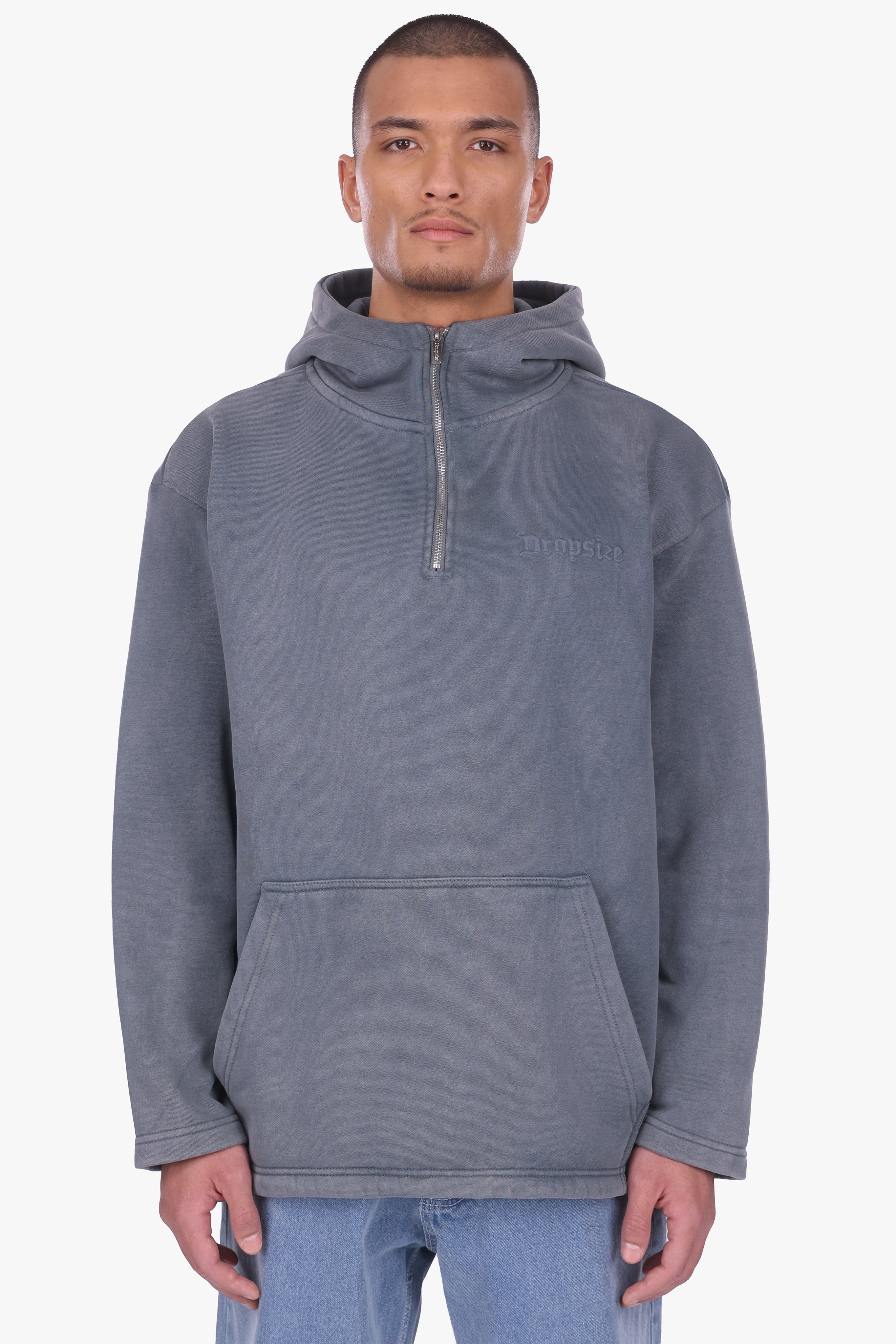 RELAXED FIT HALF ZIP HOODIE WASHED GREY