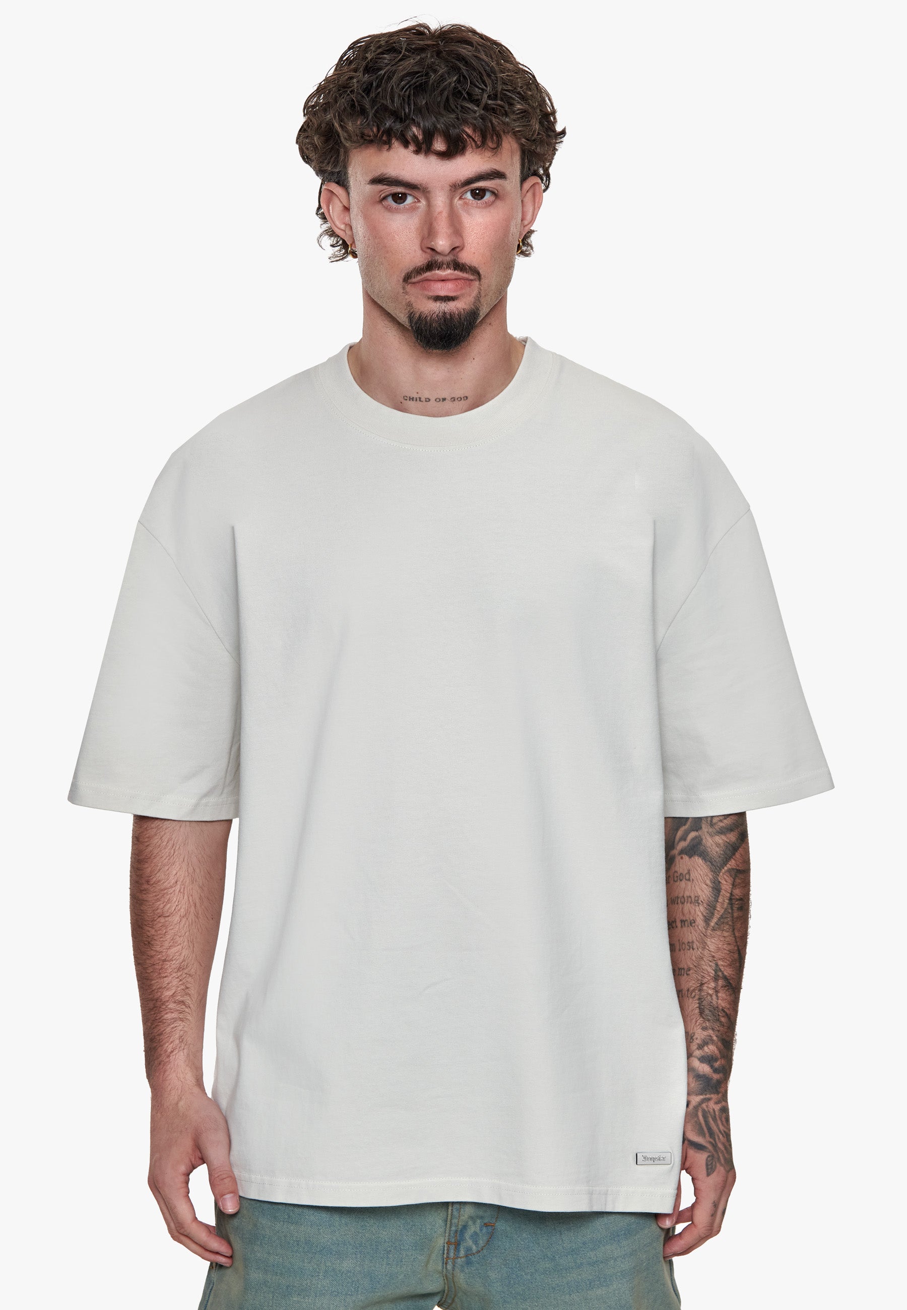 HEAVY OVERSIZE METAL PATCH T-SHIRT ACID WASHED LIGHT GREY