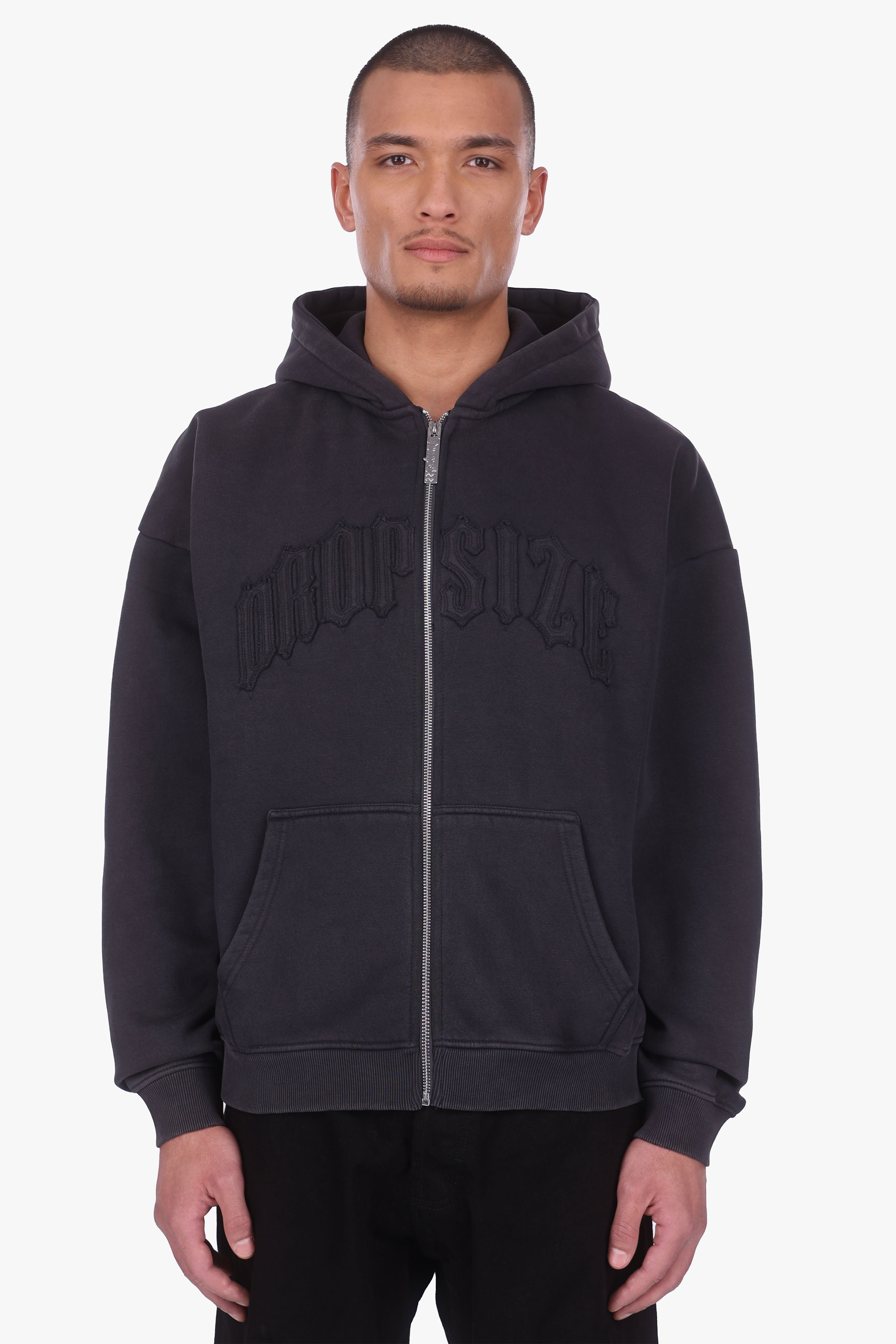 HEAVY OVERISZE RAW EDGES ZIP HOODIE ACID WASHED BLACK