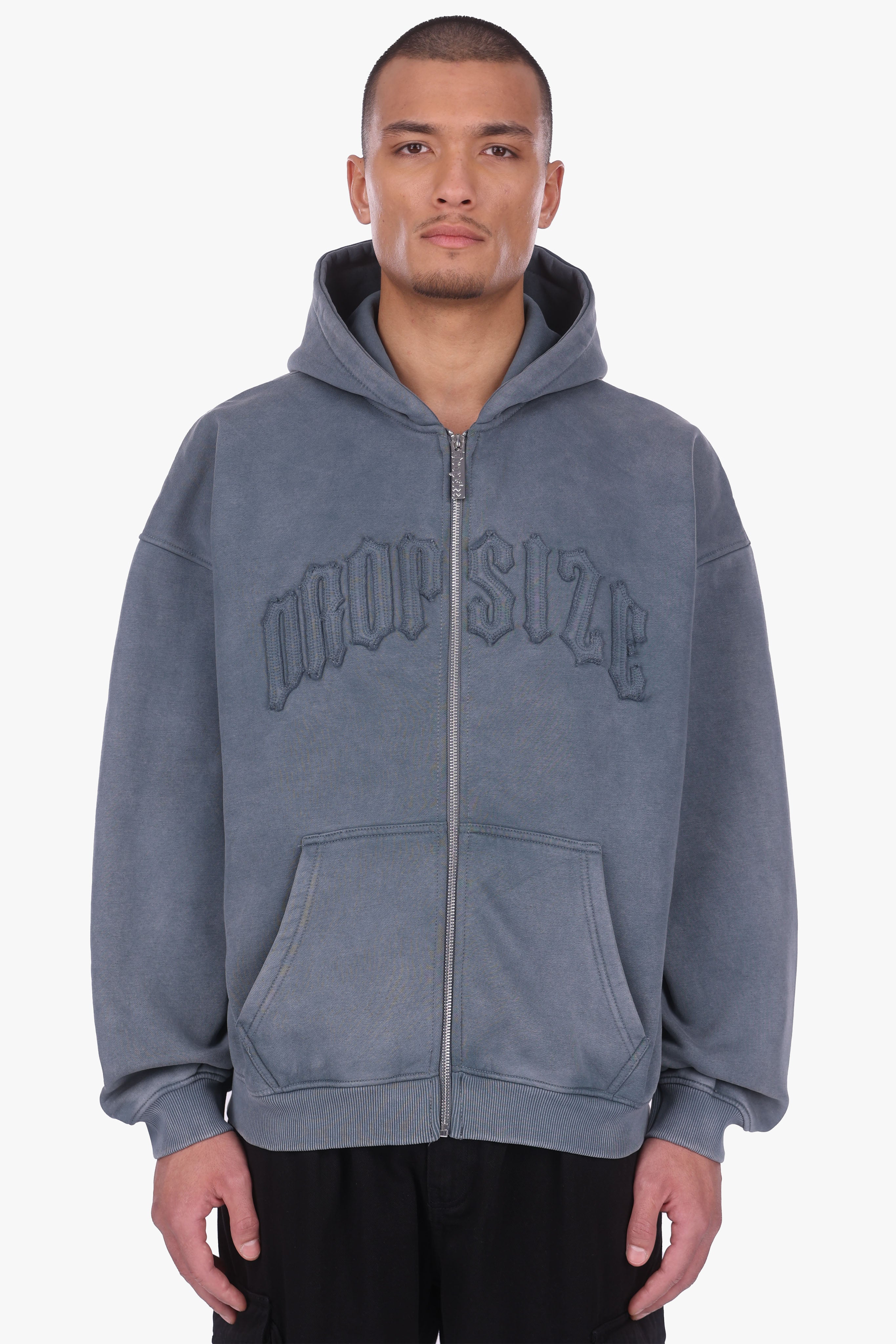 HEAVY OVERISZE RAW EDGES ZIP HOODIE WASHED GREY