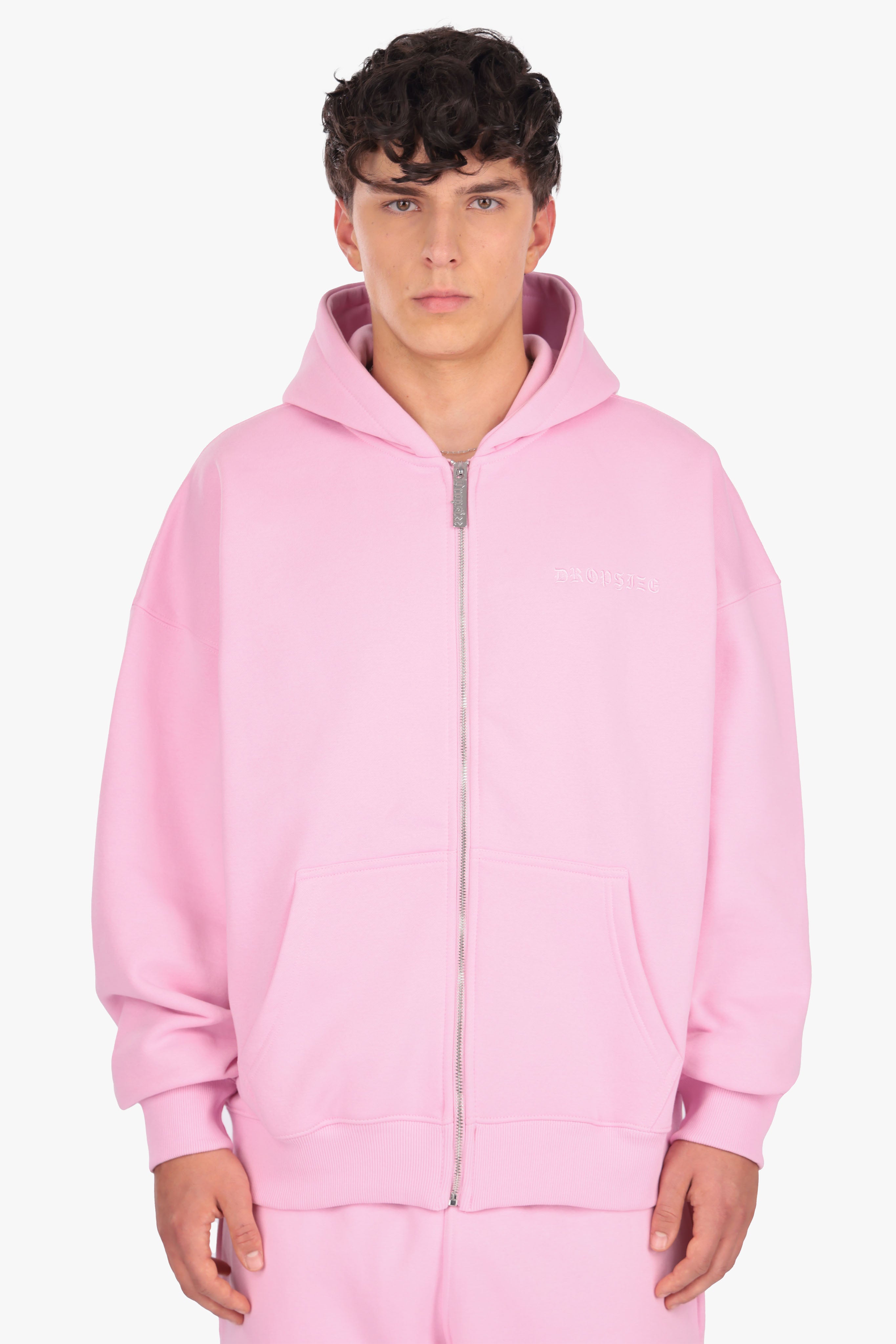 HEAVY OVERSIZE LOGO ZIP HOODIE PINK