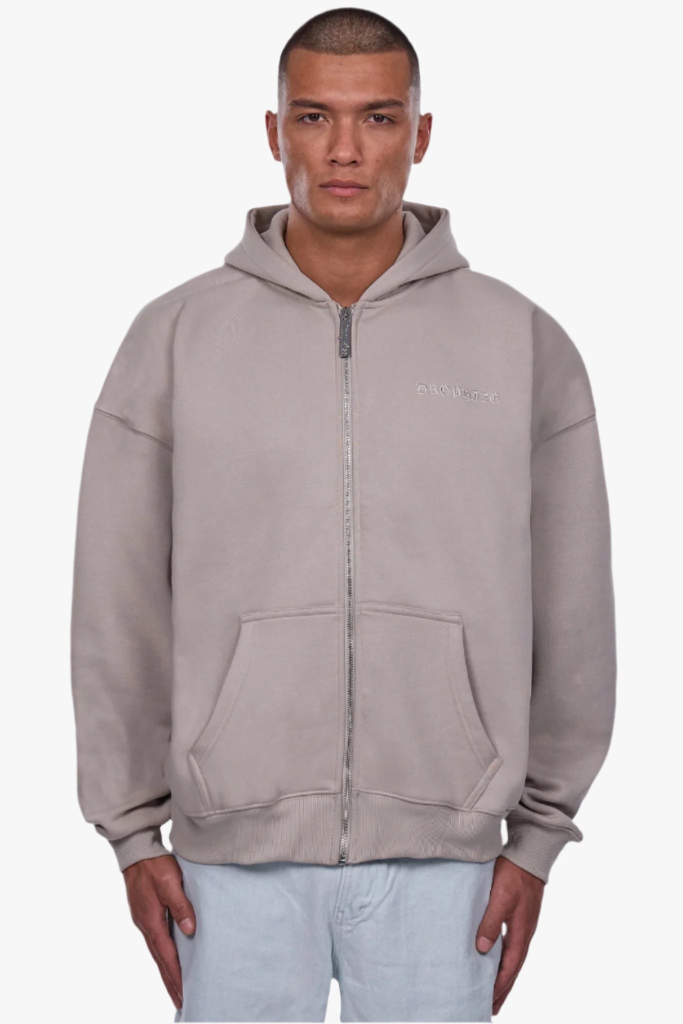 HEAVY OVERSIZE LOGO ZIP HOODIE PUMICE STONE