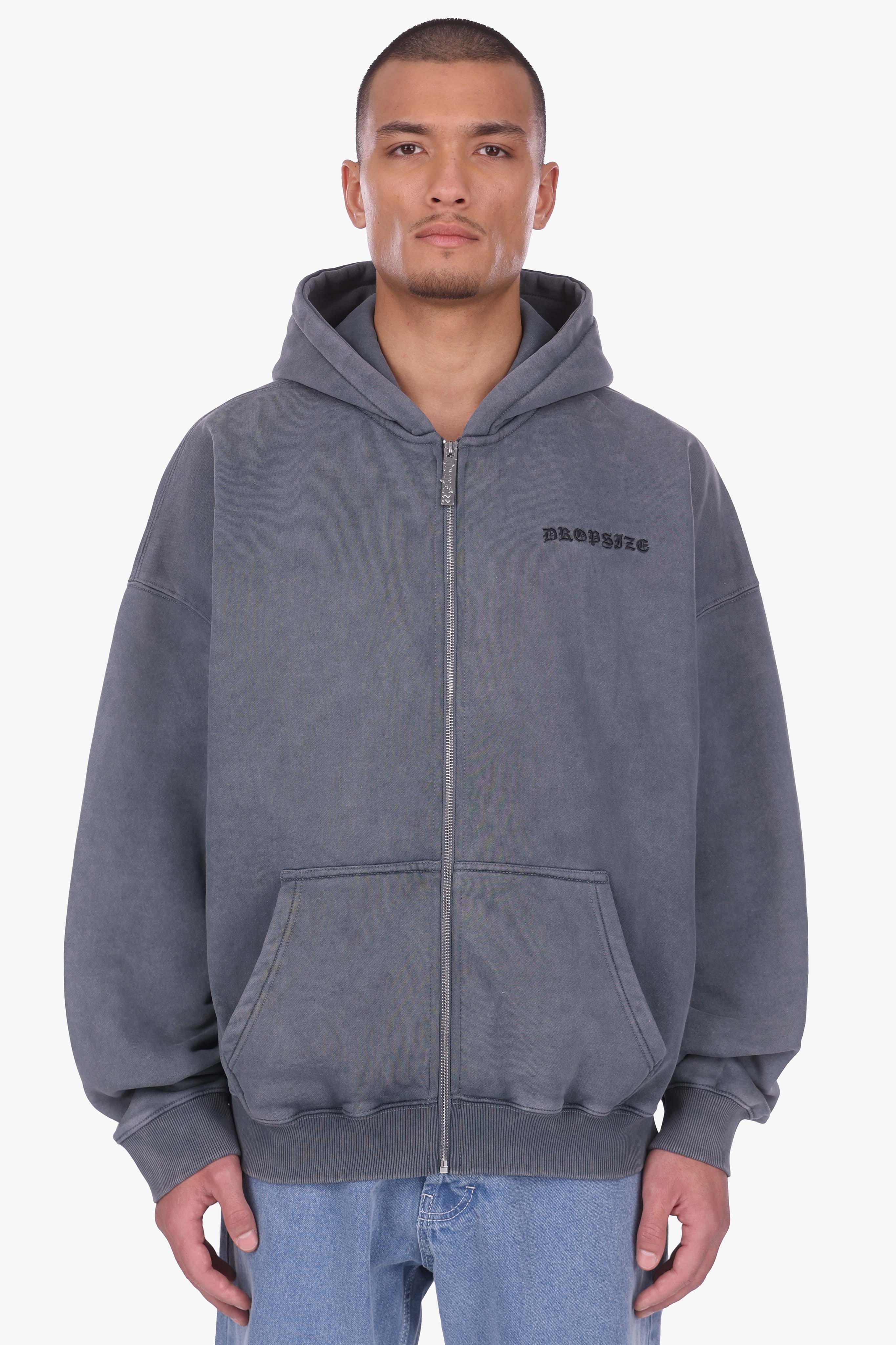 HEAVY OVERSIZE LOGO ZIP HOODIE ACID WASHED GREY