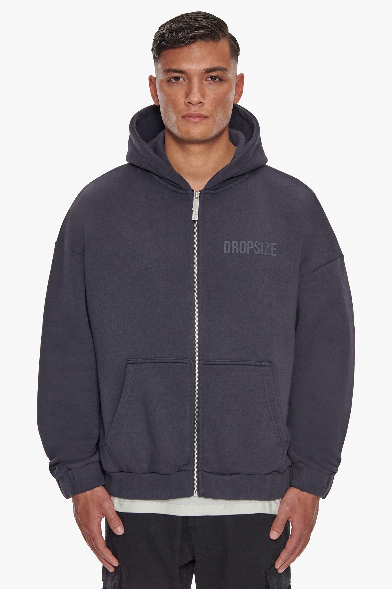 HEAVY OVERSIZE HD PRINT ZIP HOODIE WASHED NAVY