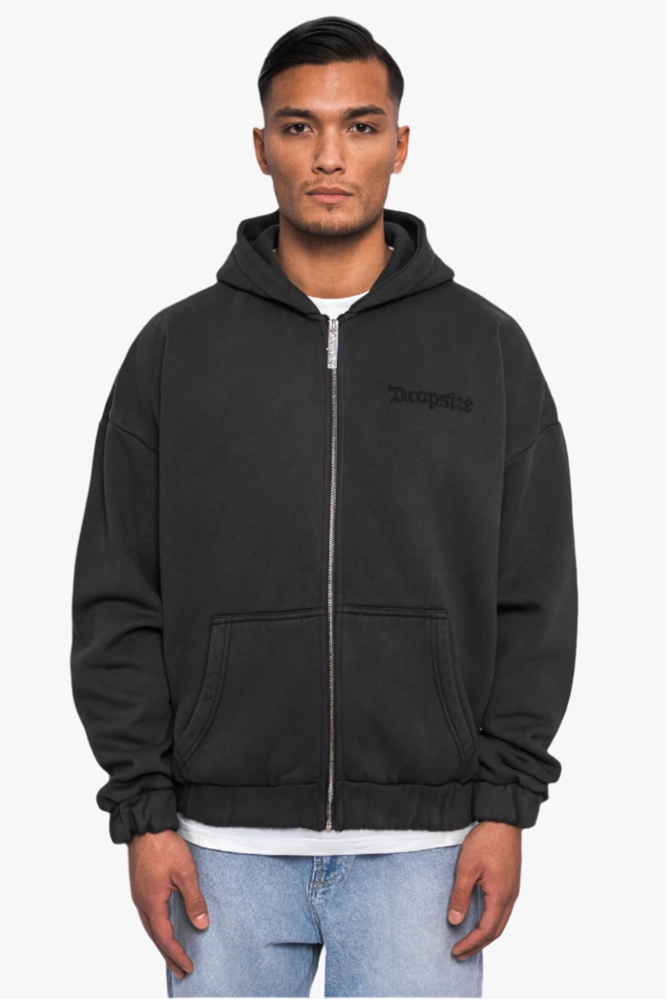 SUPER HEAVY OVERSIZE LOGO ZIP HOODIE ACID WASHED BLACK