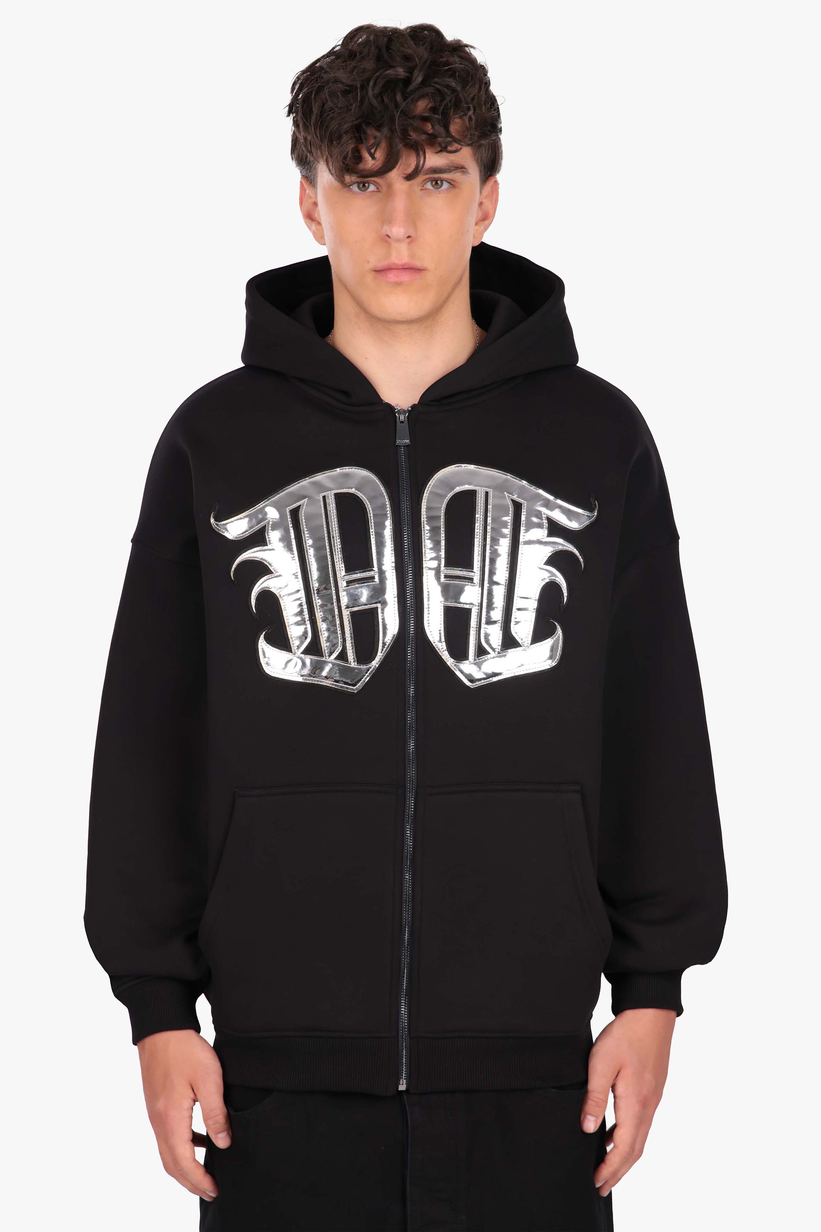 SHINY APPLICATION ZIP HOODIE WASHED BLACK