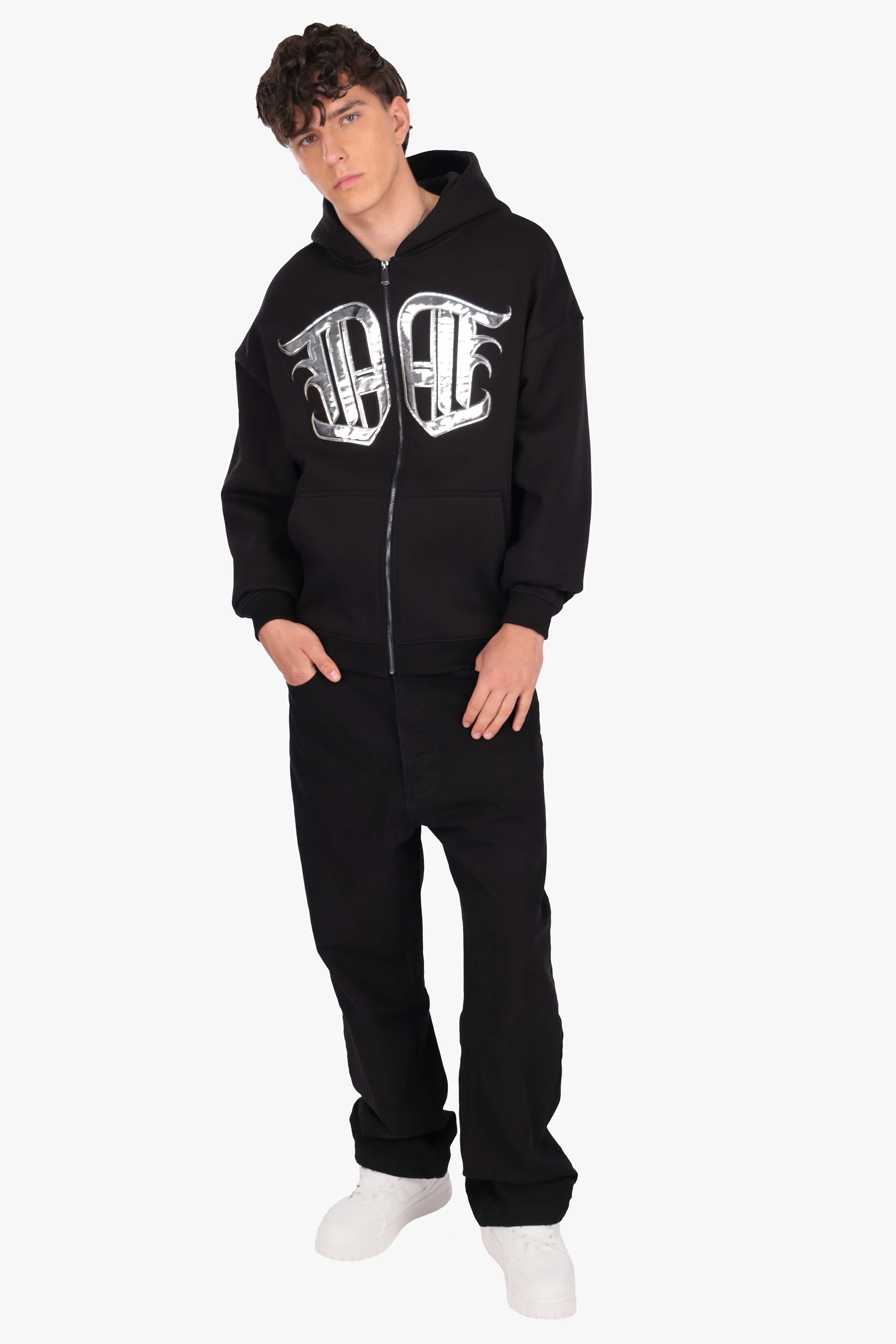 SHINY APPLICATION ZIP HOODIE WASHED BLACK