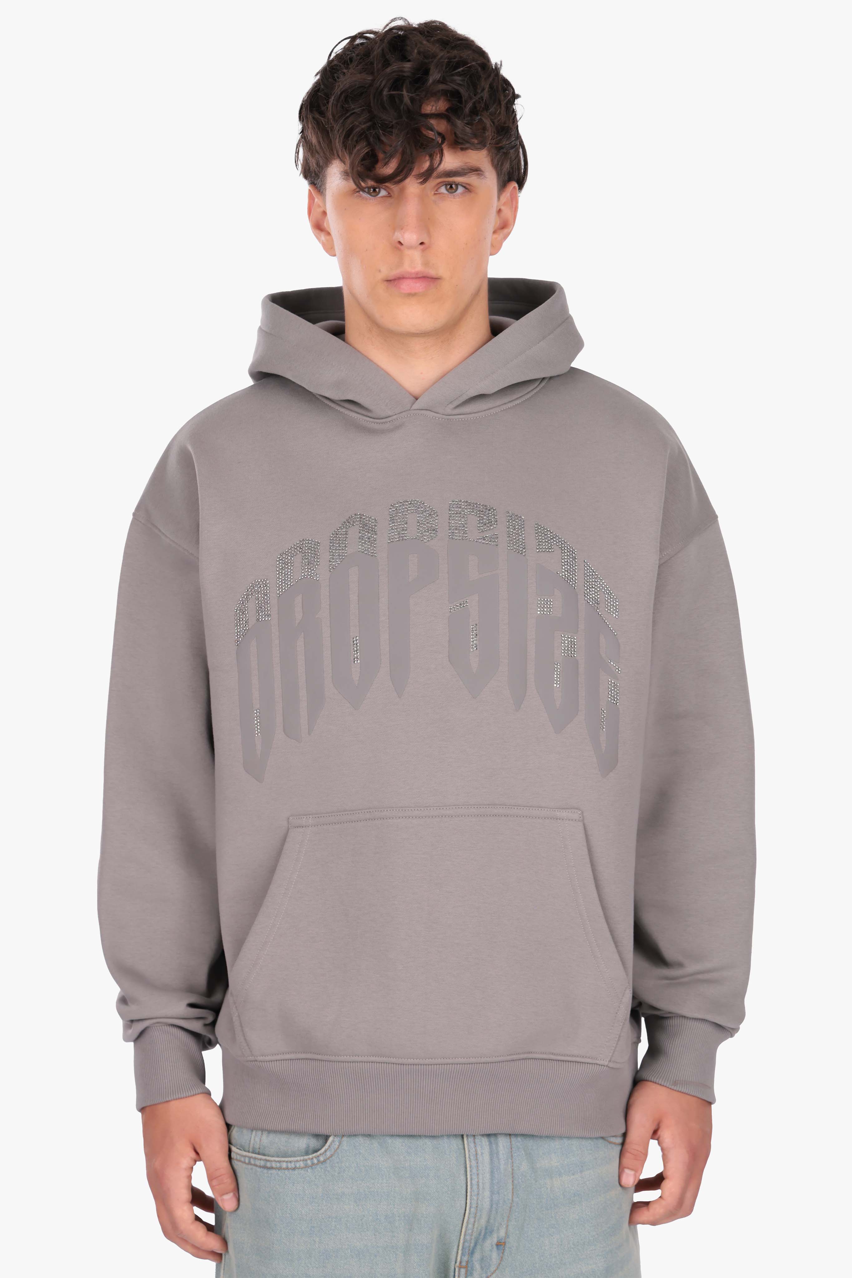 LAYERED RHINESTONE PRINT HOODIE GREY