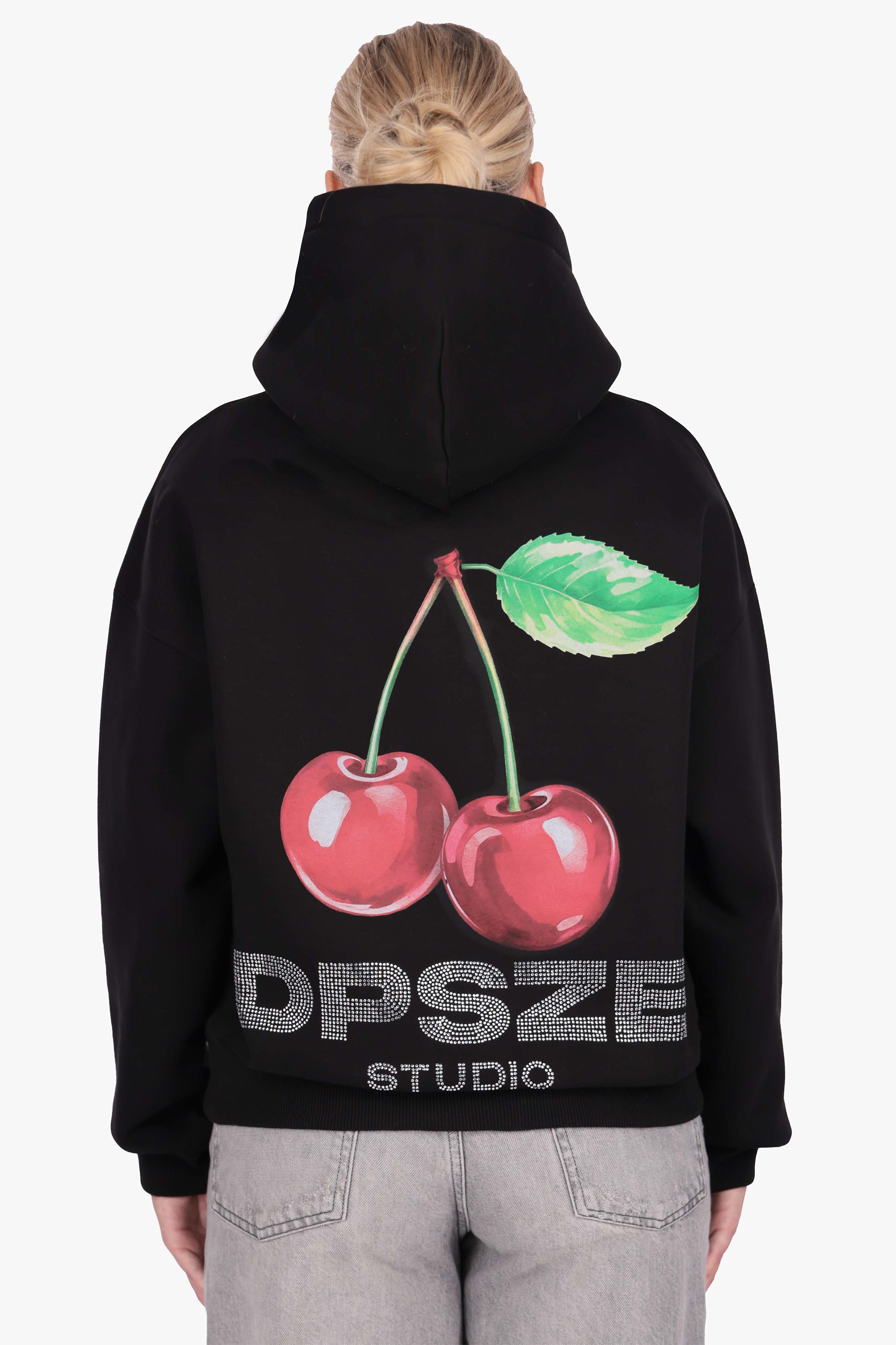 WOMENS CHERRY RHINESTONE HOODIE BLACK