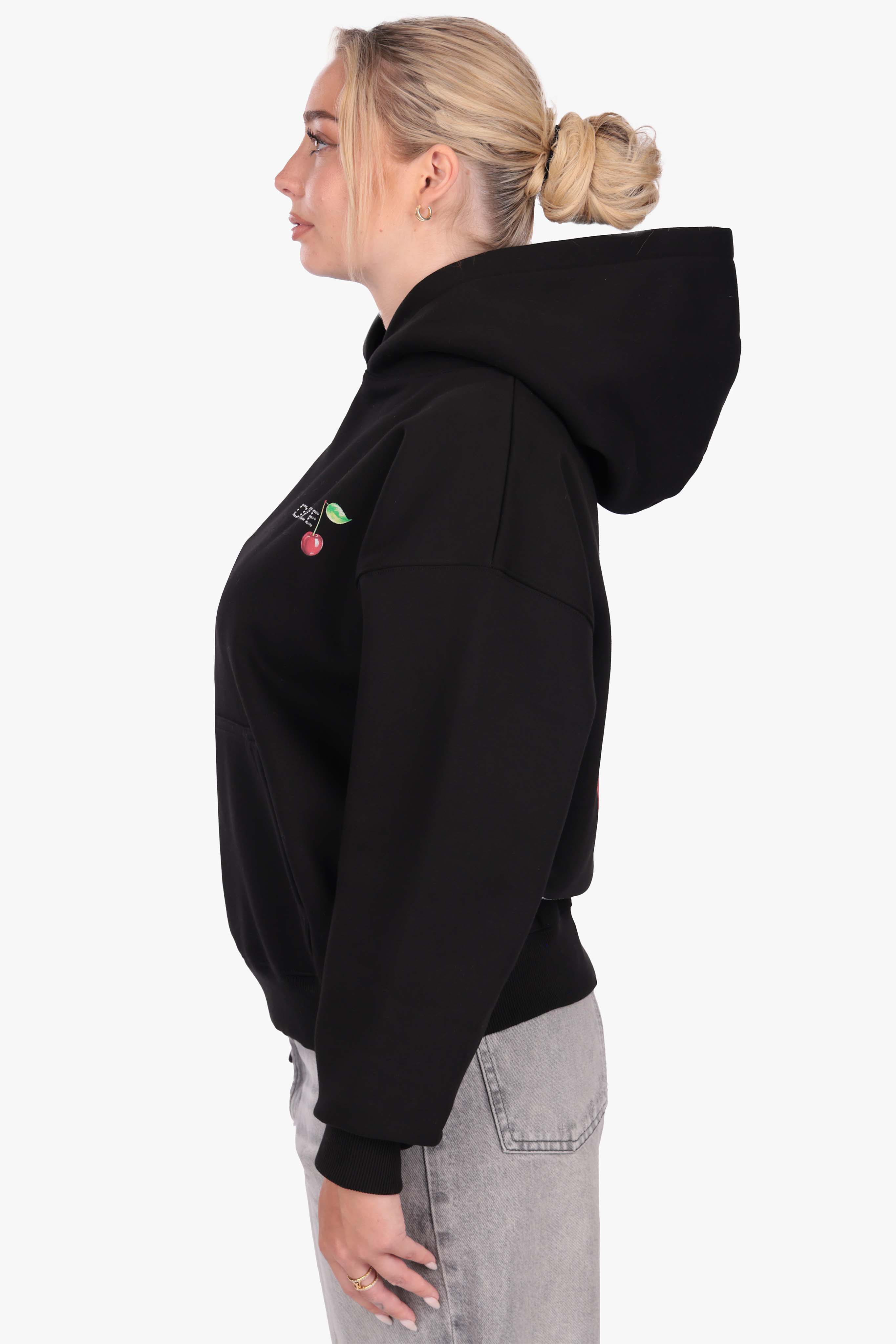 WOMENS CHERRY RHINESTONE HOODIE BLACK