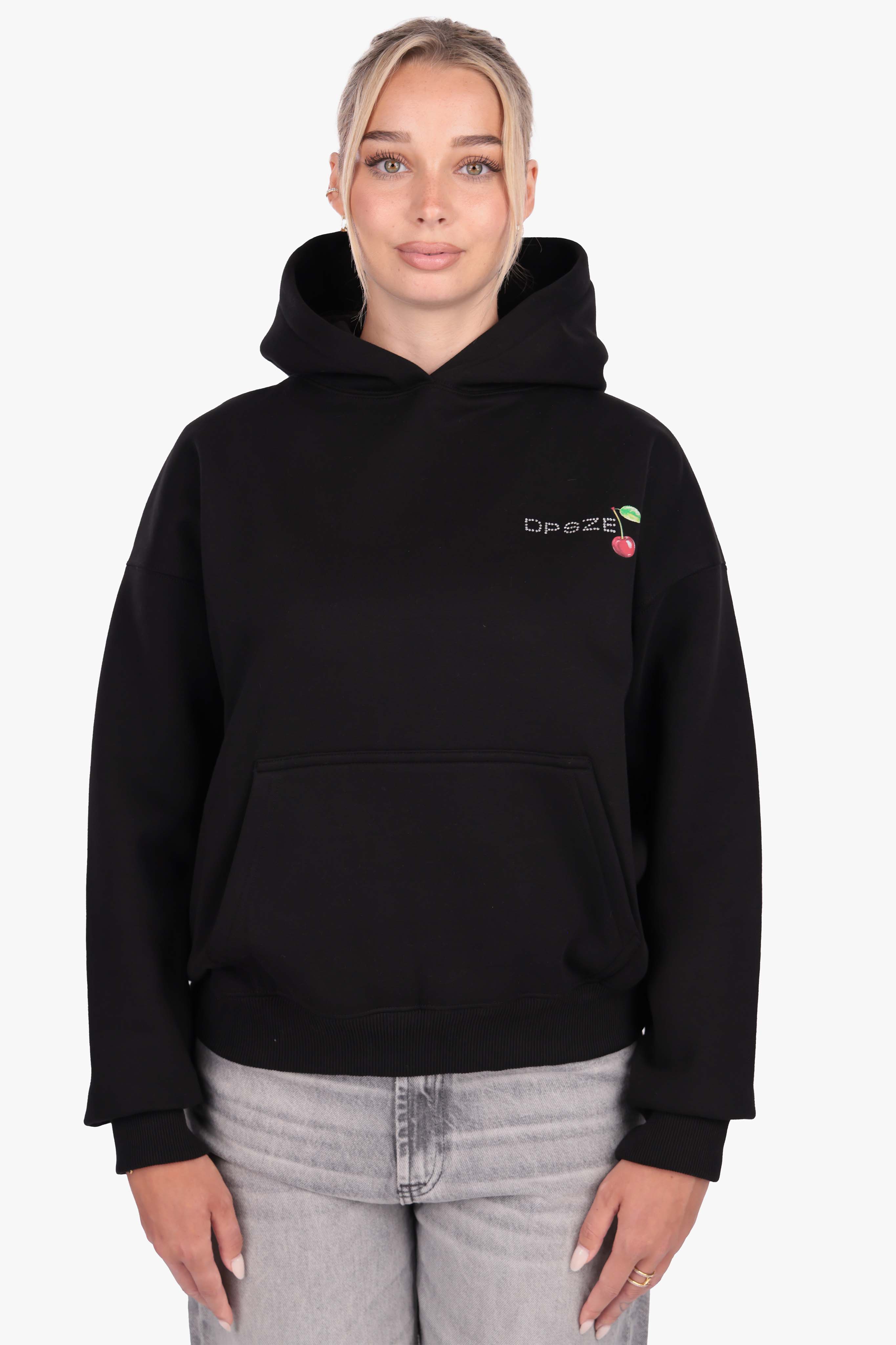 WOMENS CHERRY RHINESTONE HOODIE BLACK