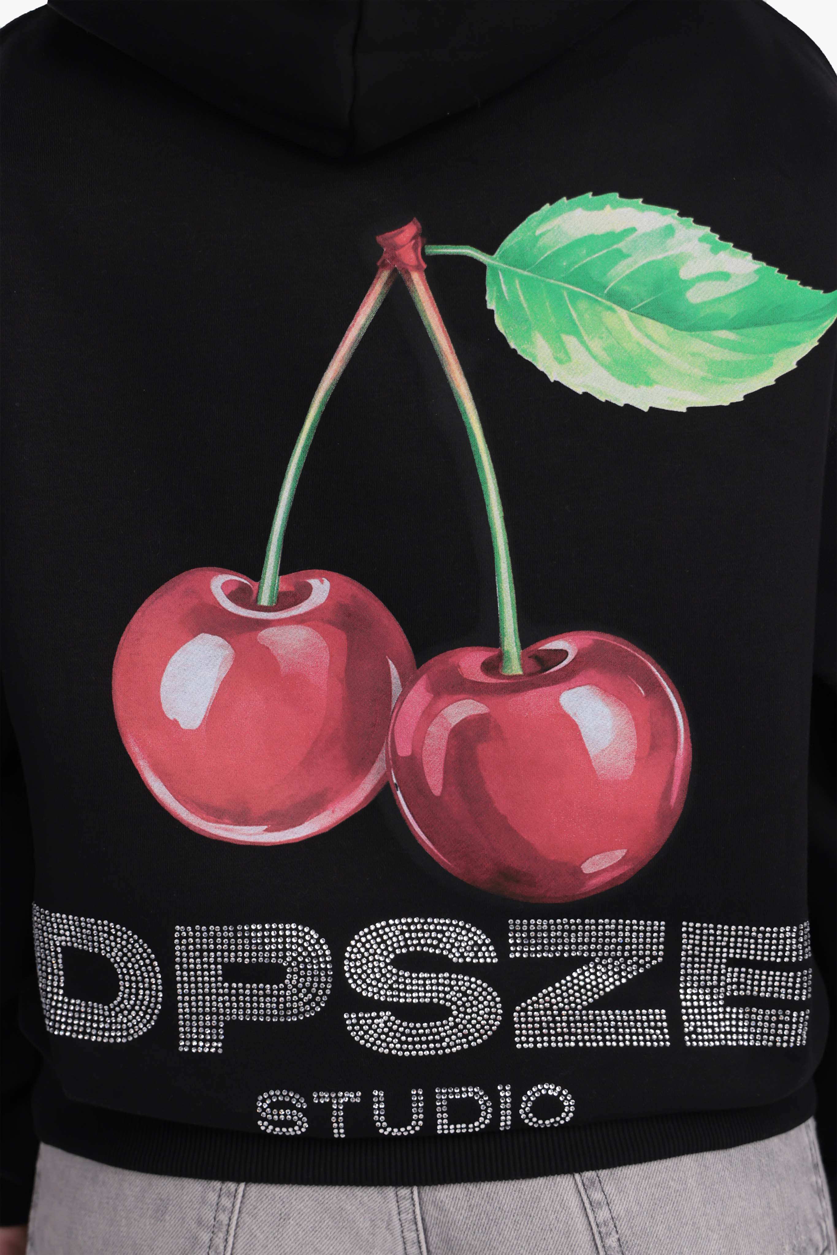 WOMENS CHERRY RHINESTONE HOODIE BLACK