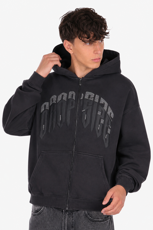 LAYERED RHINESTONE PRINT ZIP HOODIE BLACK
