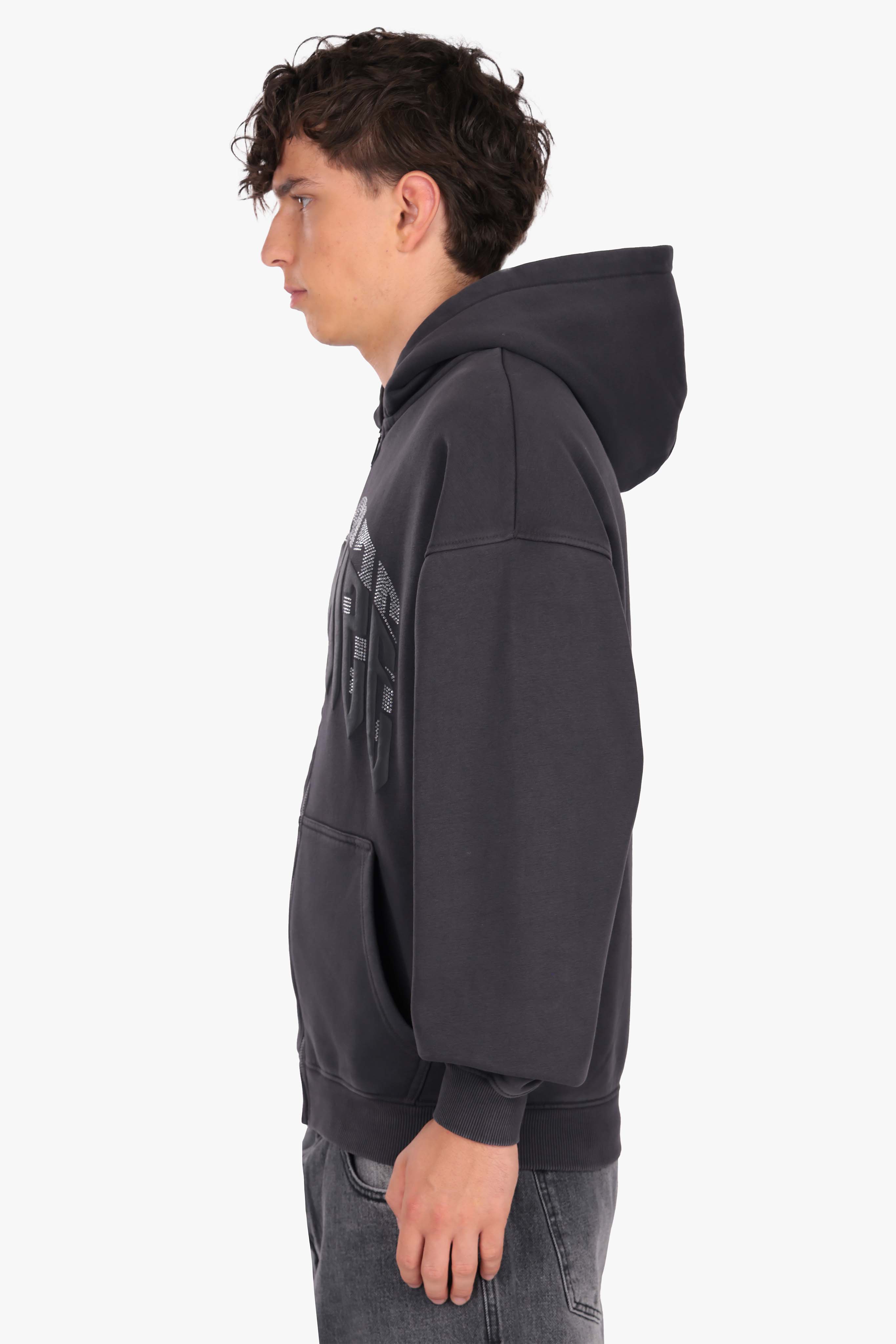 LAYERED RHINESTONE PRINT ZIP HOODIE BLACK