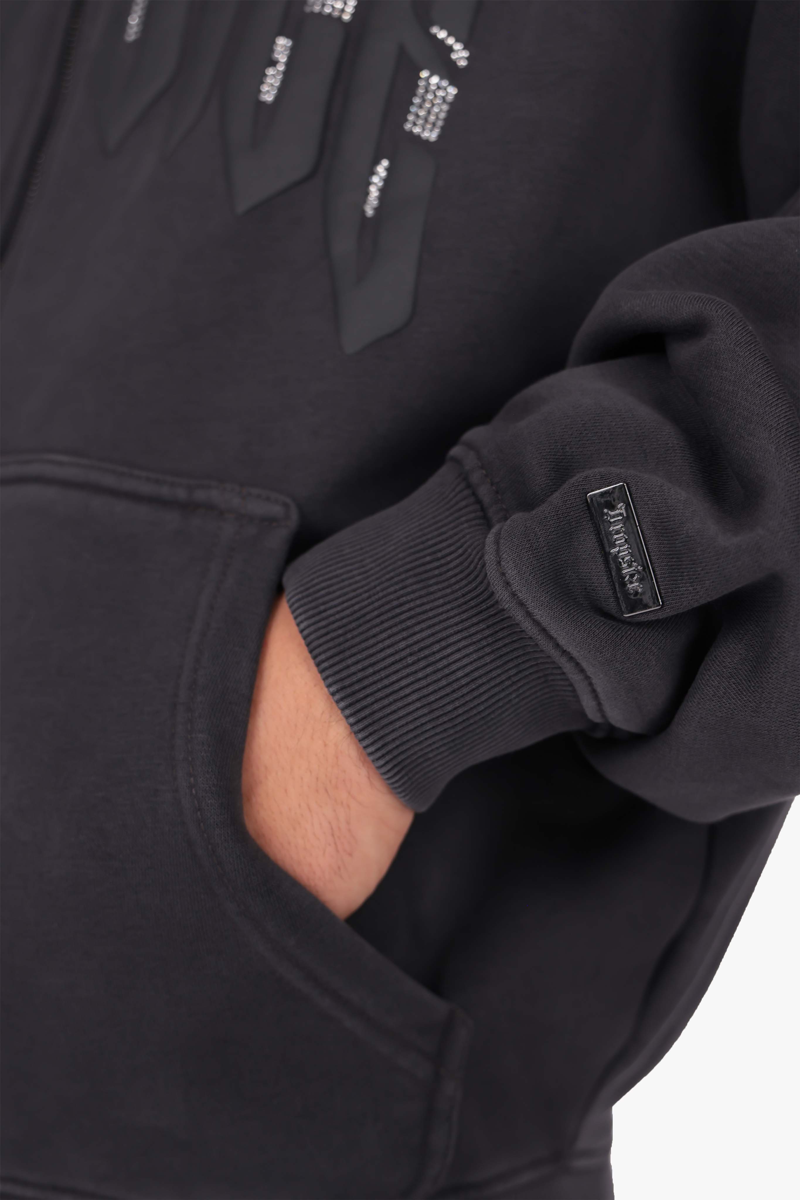 LAYERED RHINESTONE PRINT ZIP HOODIE BLACK