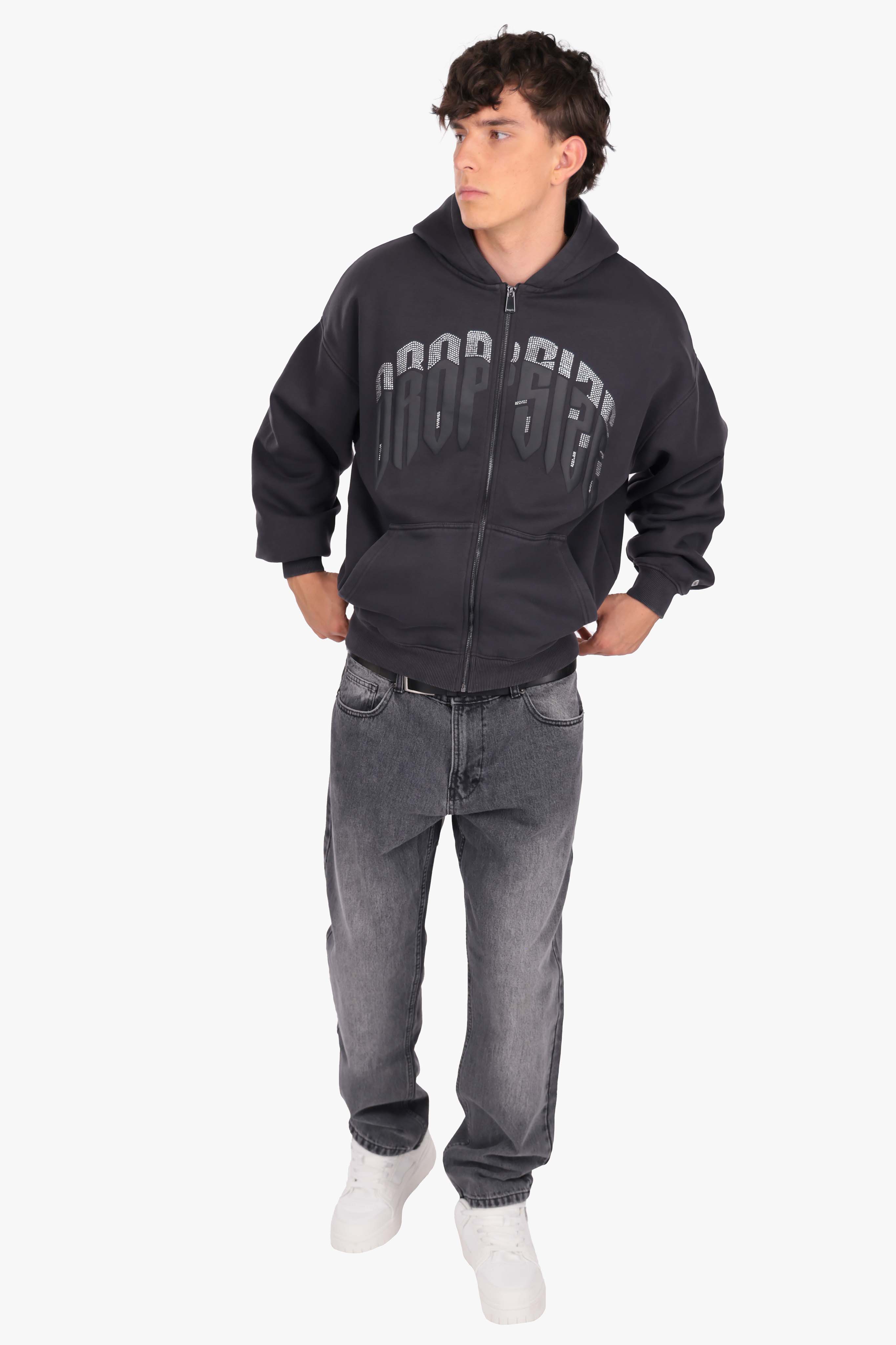 LAYERED RHINESTONE PRINT ZIP HOODIE BLACK